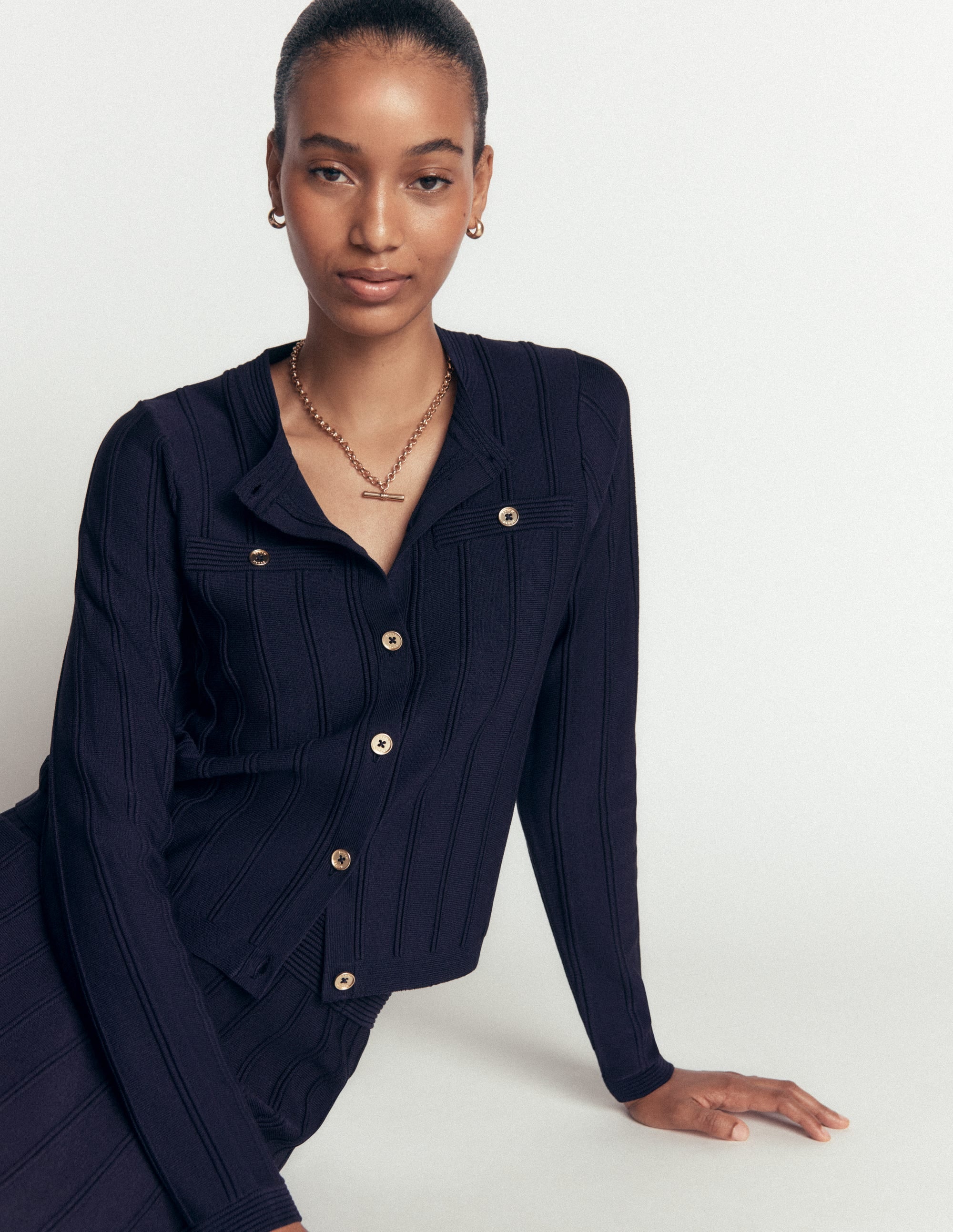 Ottoman Stitch Cardigan-Navy - Image 2