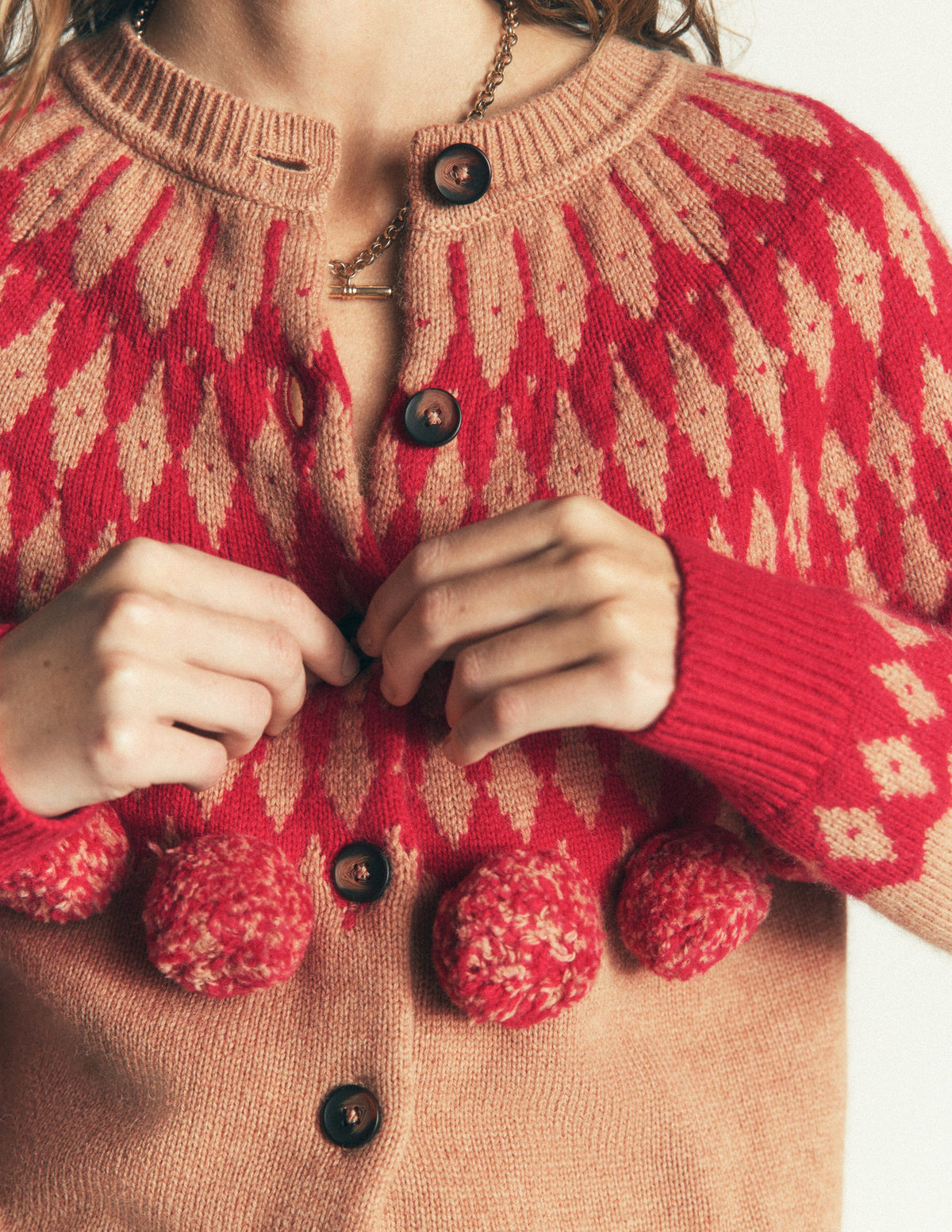 Mae Fair Isle Cardigan-Camel, Red pom pom - Image 2