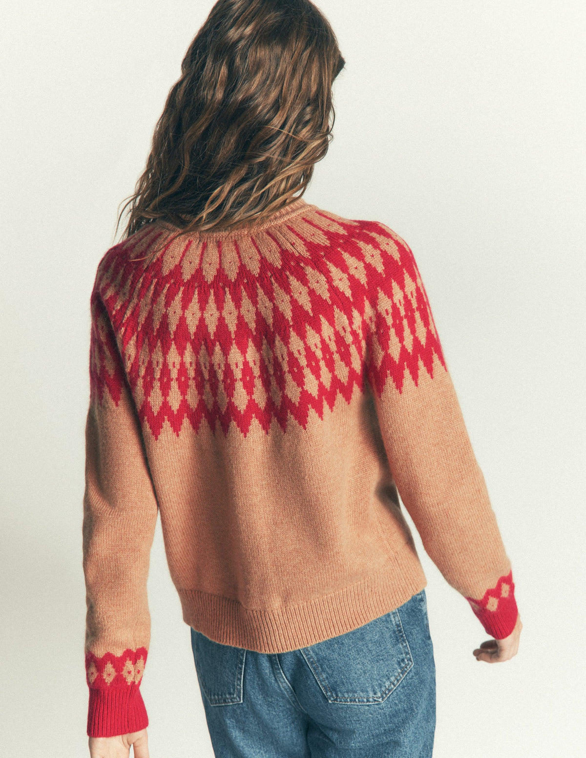 Mae Fair Isle Cardigan-Camel, Red pom pom - Image 5