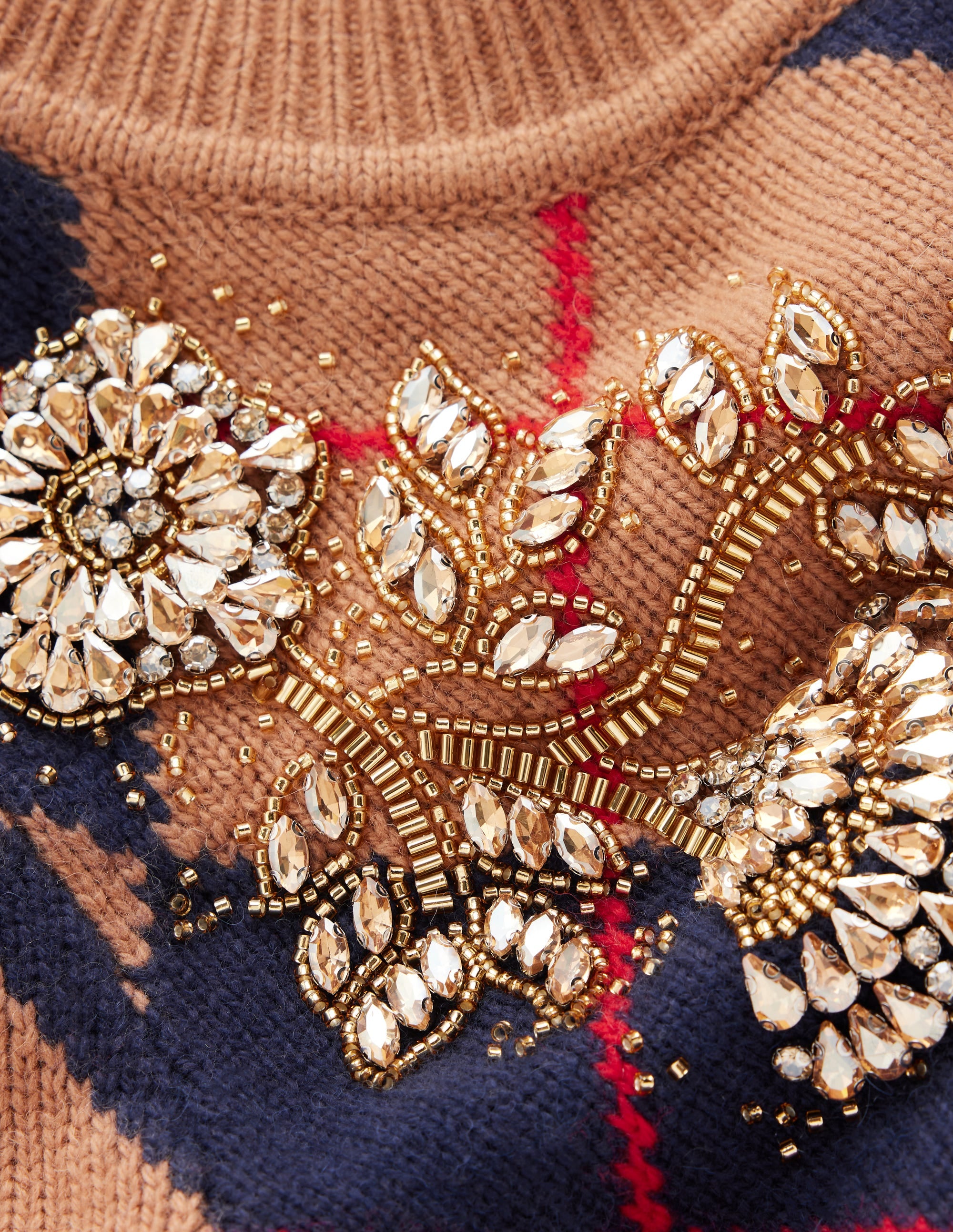 Embellished Jacquard Sweater-Camel Melange Argyle - Image 9