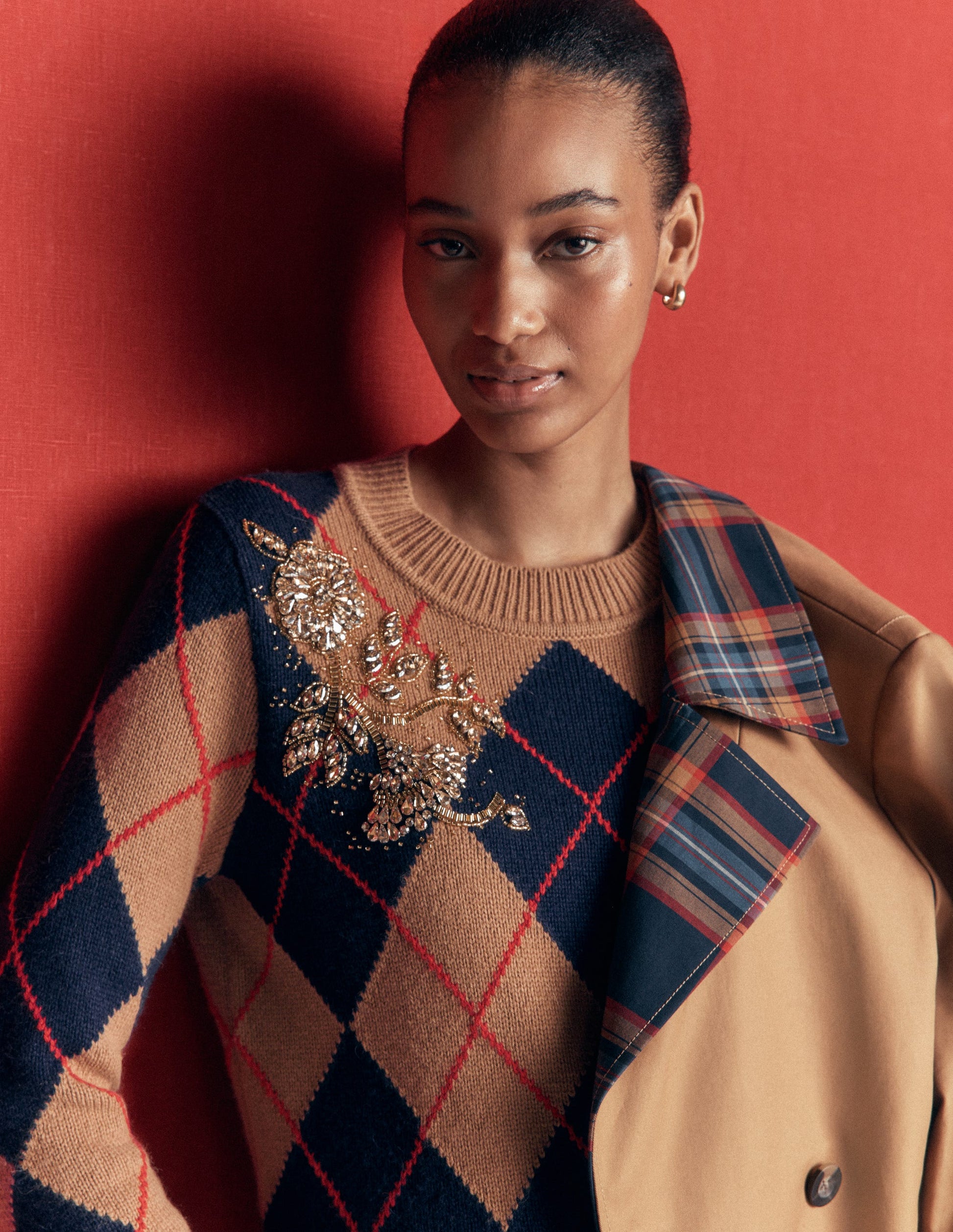 Embellished Jacquard Sweater-Camel Melange Argyle-3