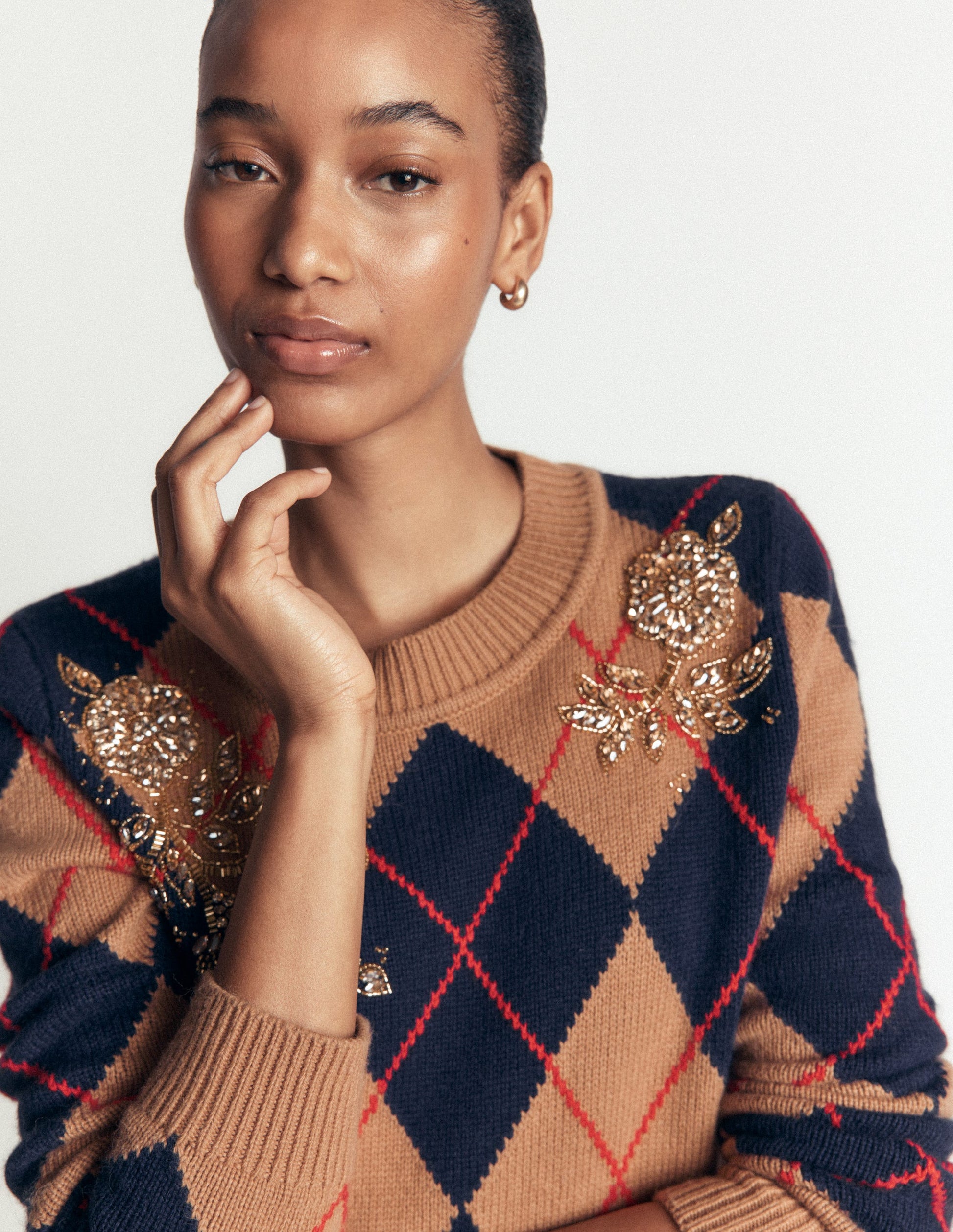 Embellished Jacquard Sweater-Camel Melange Argyle-4