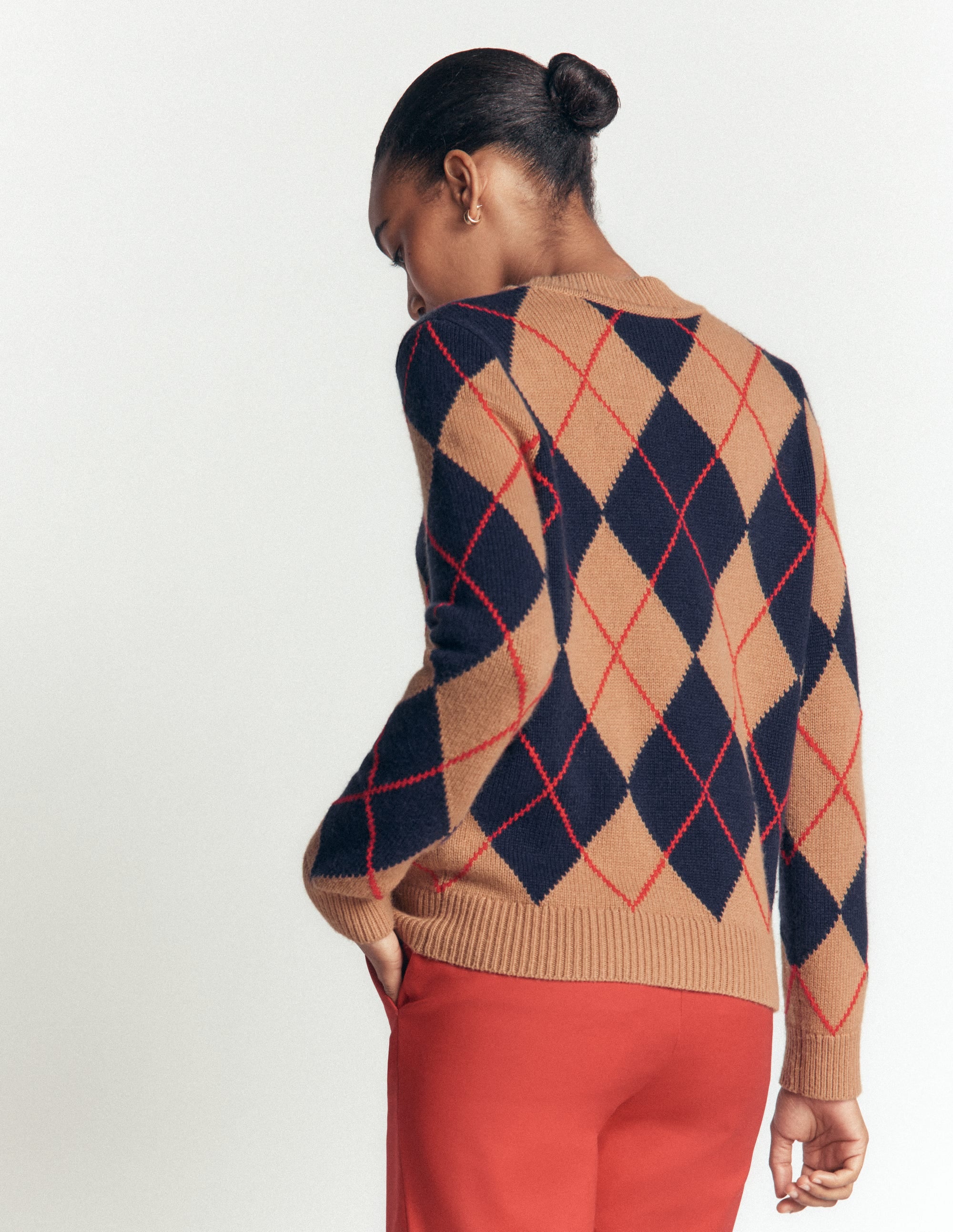 Embellished Jacquard Sweater-Camel Melange Argyle - Image 4