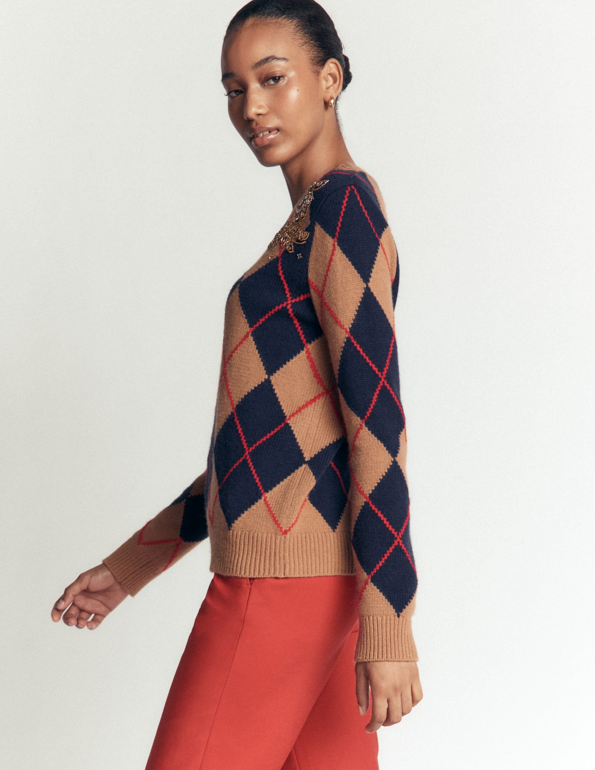 Embellished Jacquard Sweater-Camel Melange Argyle - Image 5