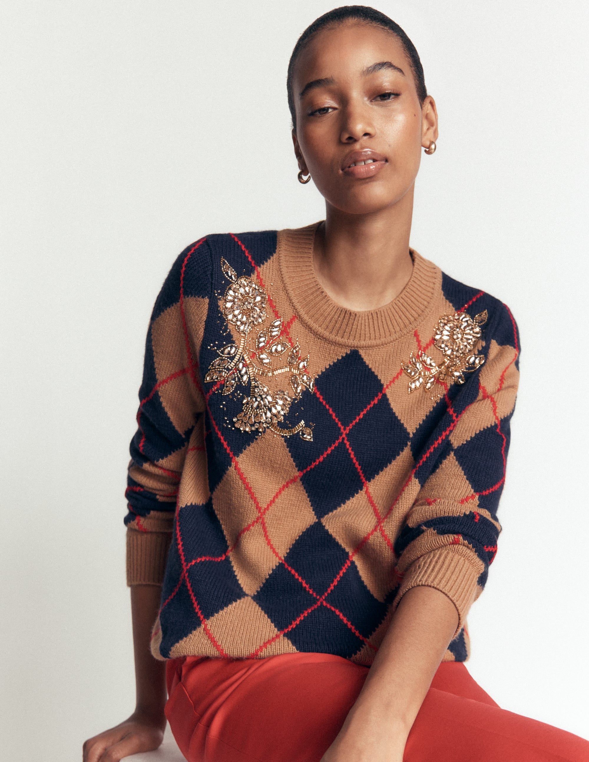 Embellished Jacquard Sweater-Camel Melange Argyle - Image 6