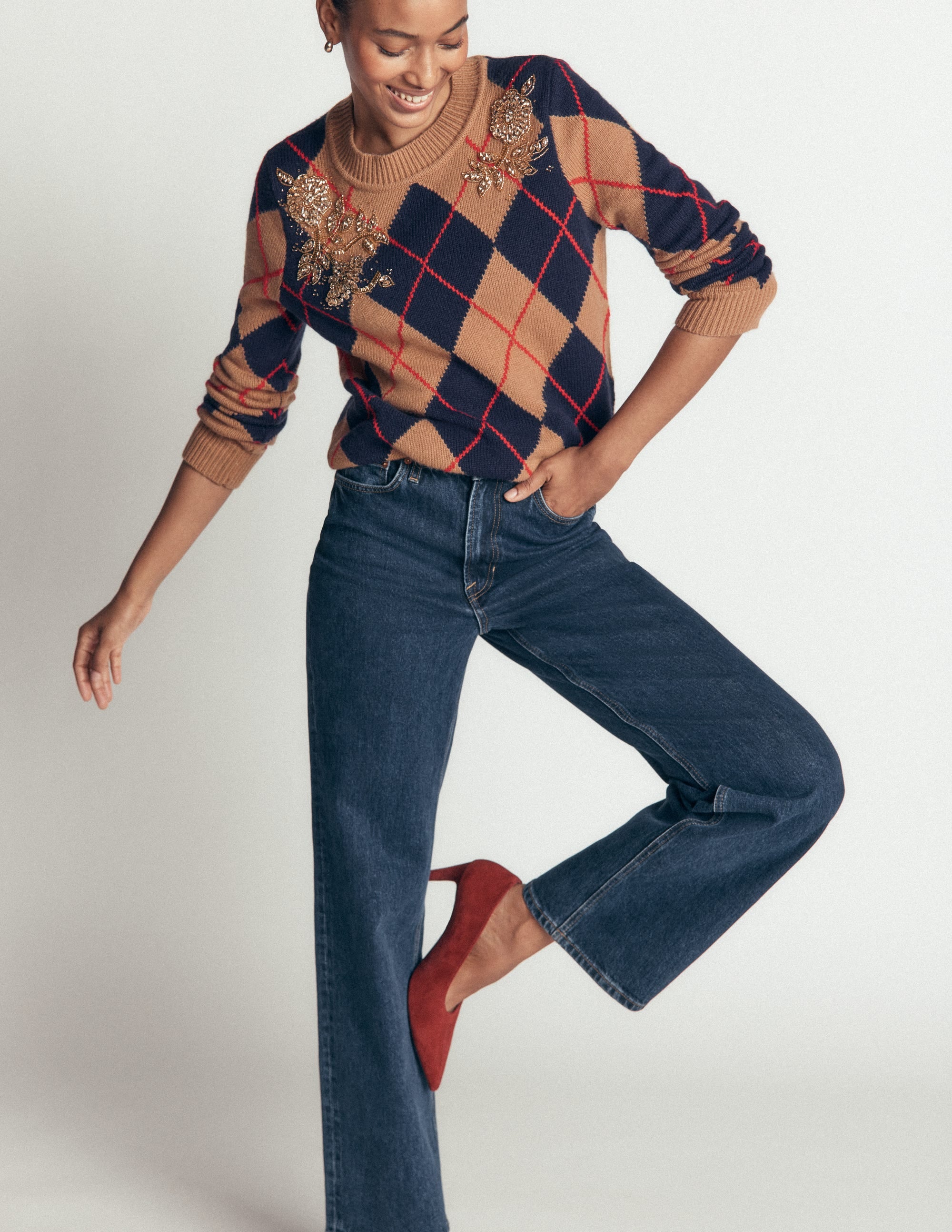 Embellished Jacquard Sweater-Camel Melange Argyle - Image 7