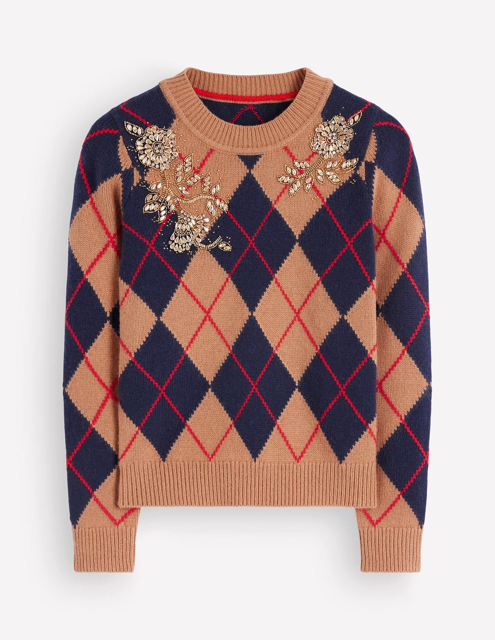 Embellished Jacquard Sweater-Camel Melange Argyle - Image 8