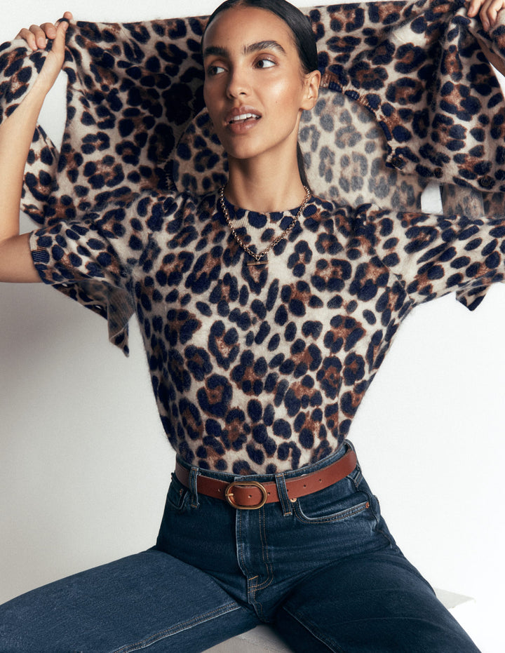 Kat Brushed Cashmere T-shirt-Camel, Leopard