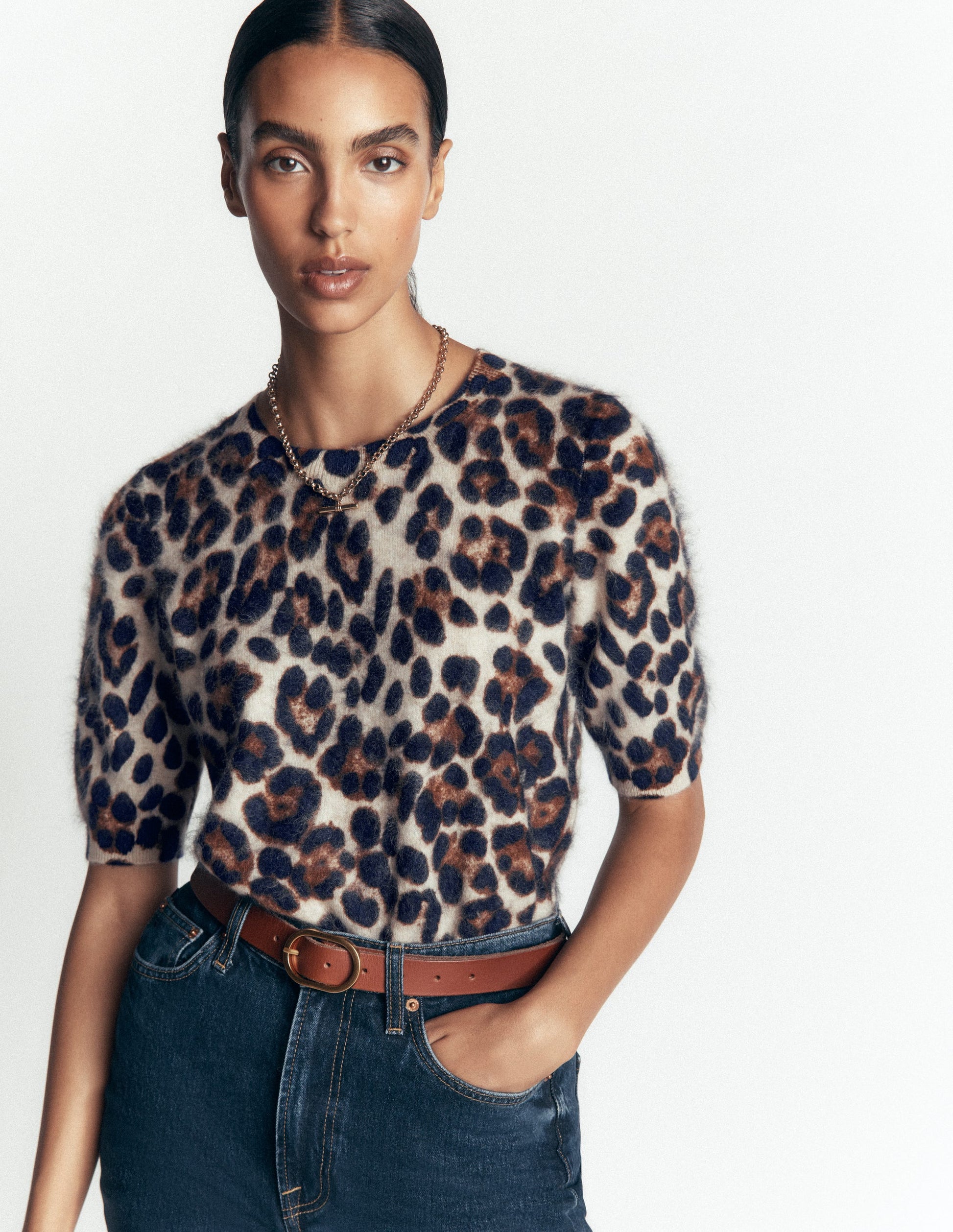 Kat Brushed Cashmere T-shirt-Camel, Leopard-4