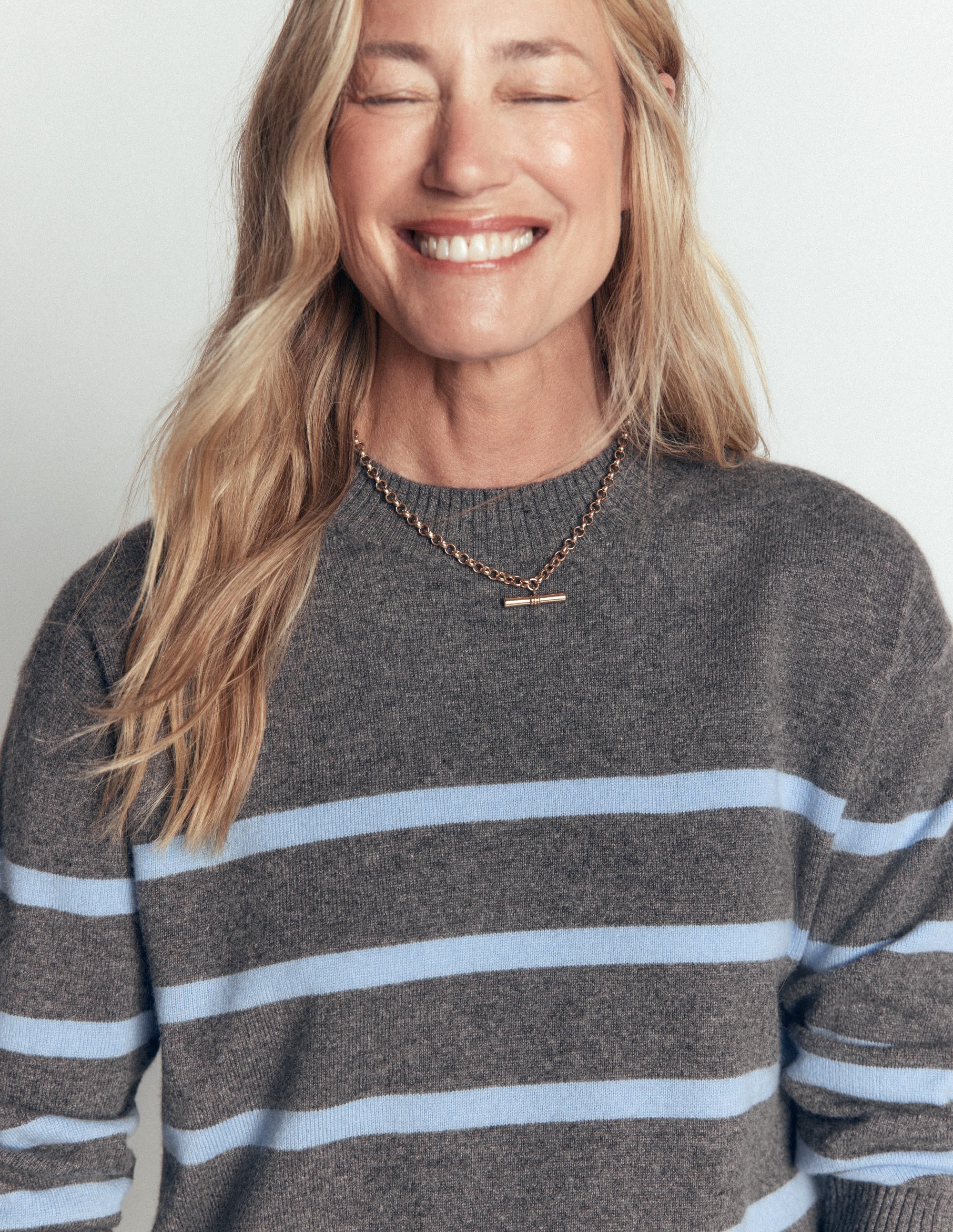 Fay Cashmere Crew Neck Sweater-Charcoal, Blue Stripe - Image 2
