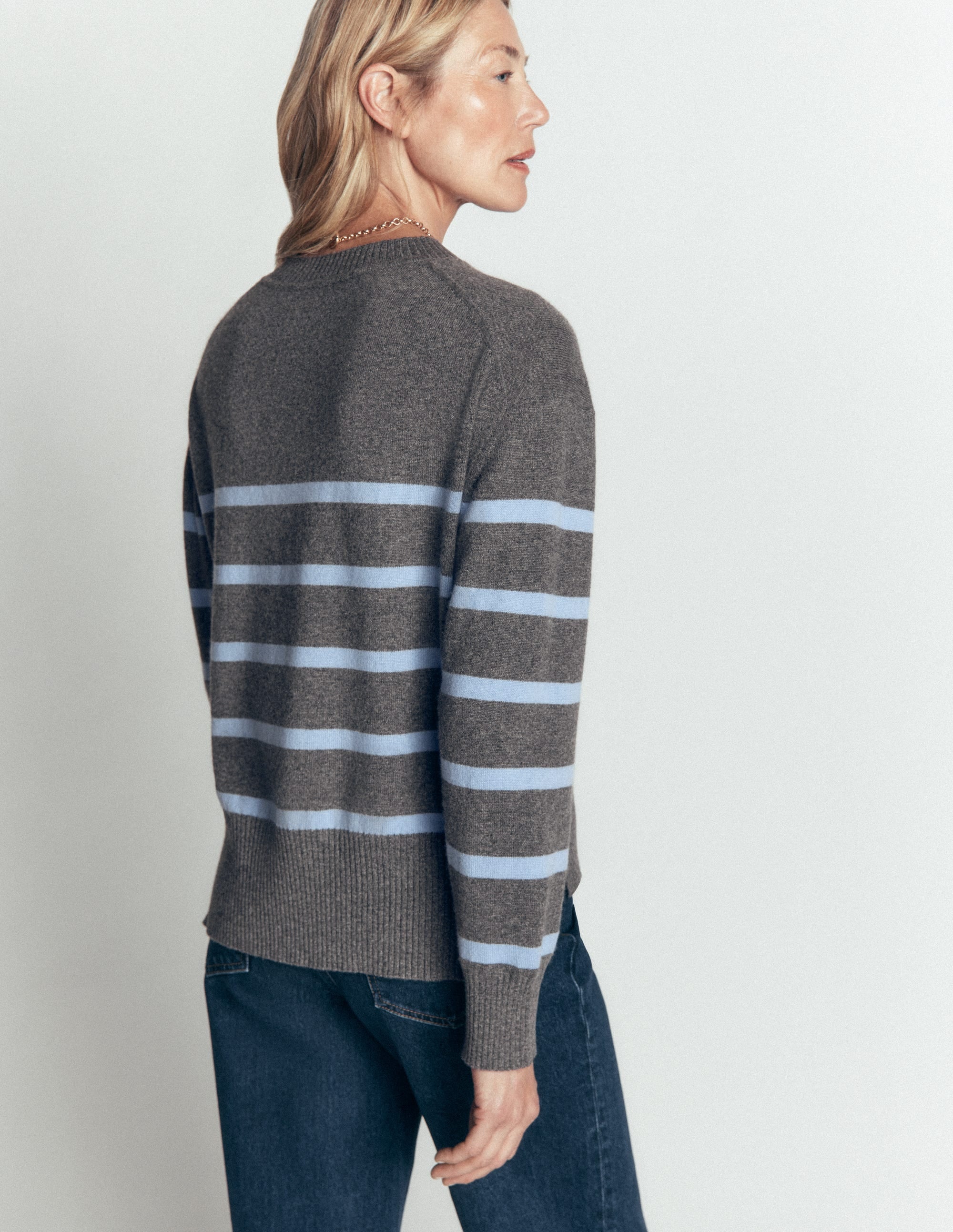 Fay Cashmere Crew Neck Sweater-Charcoal, Blue Stripe - Image 3