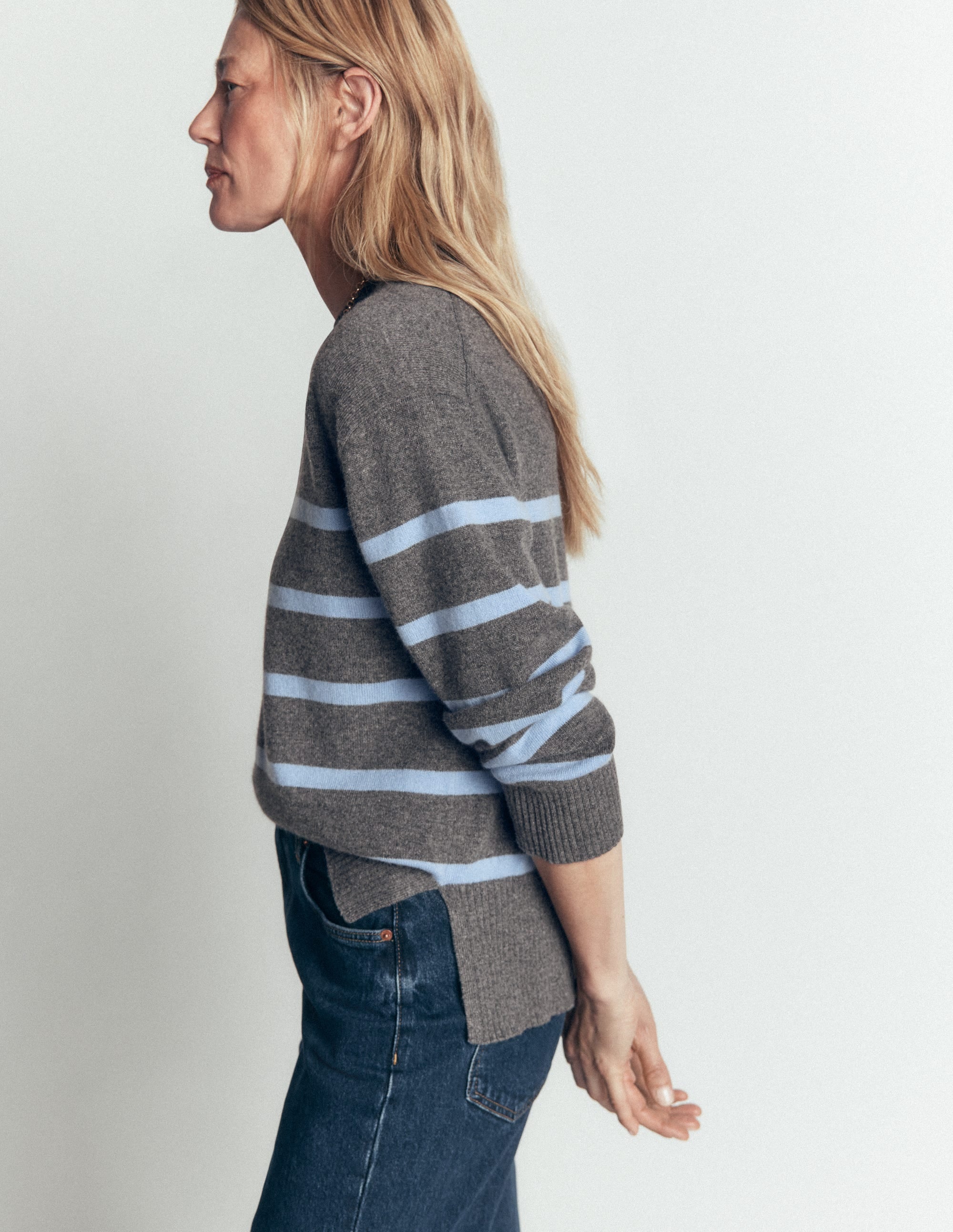 Fay Cashmere Crew Neck Sweater-Charcoal, Blue Stripe - Image 4