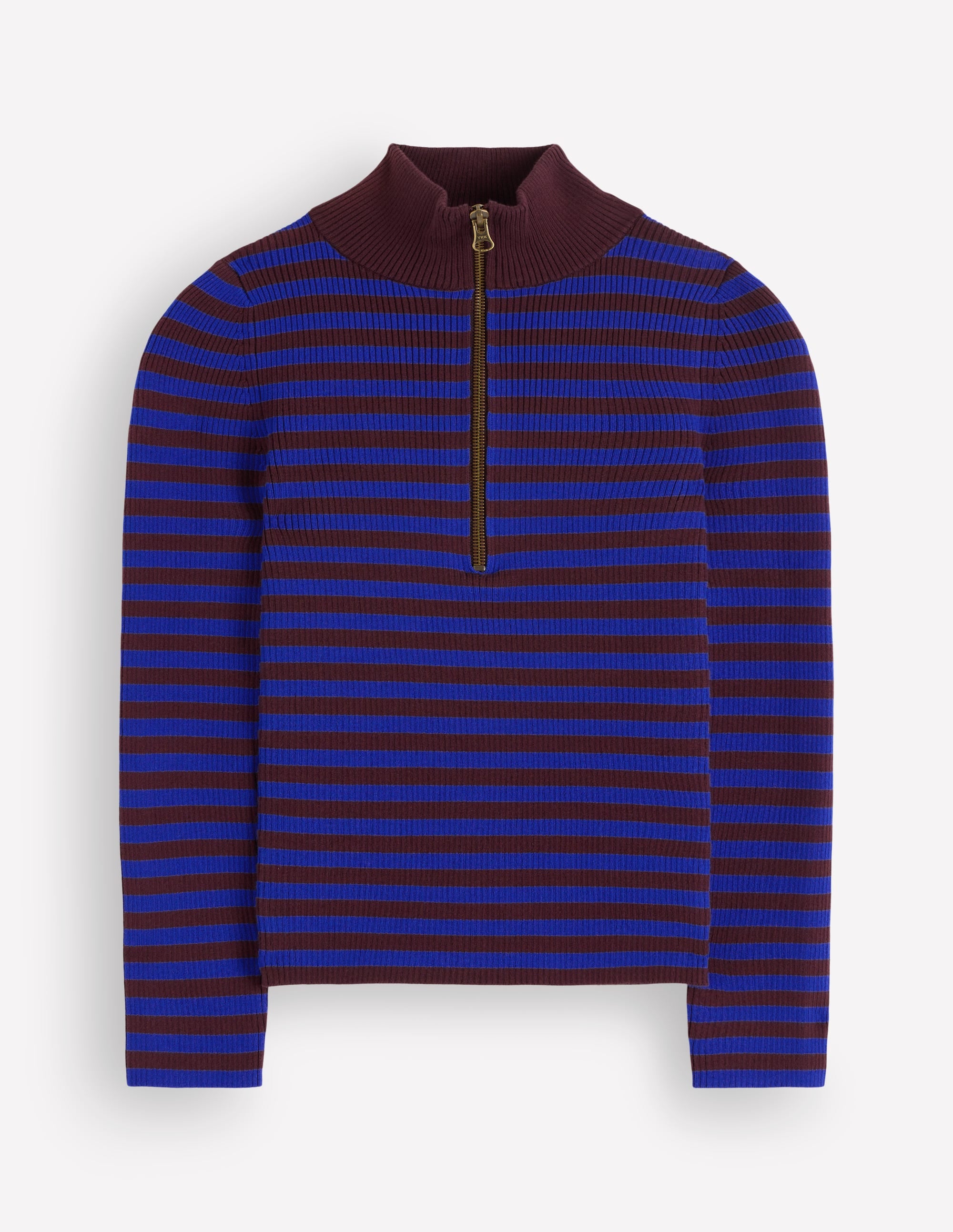 Zelda Half - Zip Ribbed Sweater - Bright Blue, Chestnut Stripe