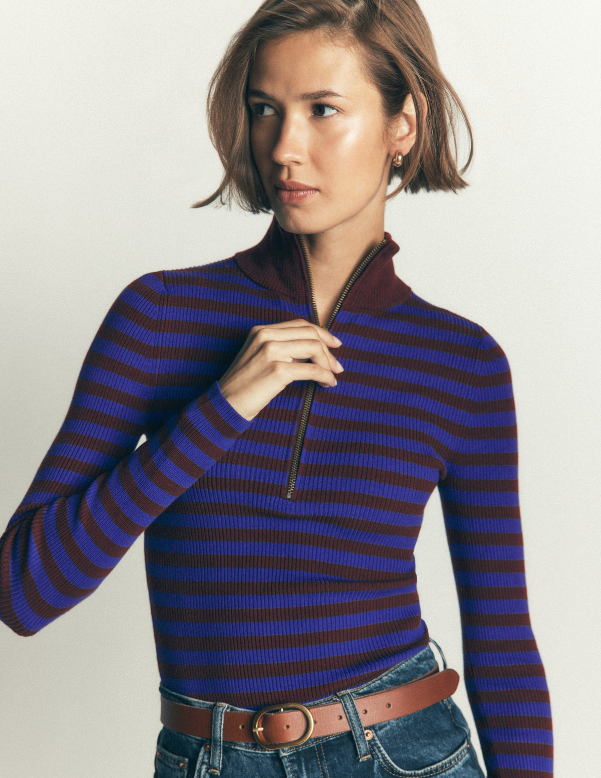 Zelda Half-Zip Ribbed Sweater-Bright Blue, Chestnut Stripe-1