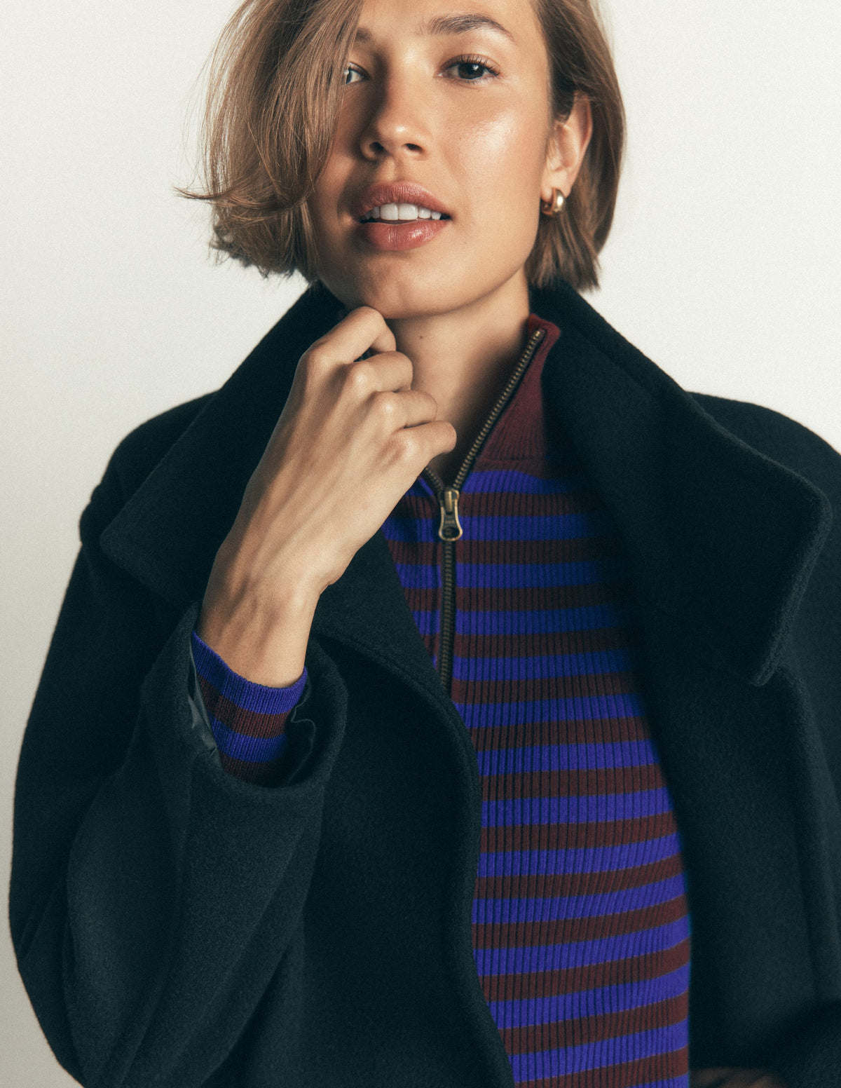 Zelda Half-Zip Ribbed Sweater-Bright Blue, Chestnut Stripe - Image 4