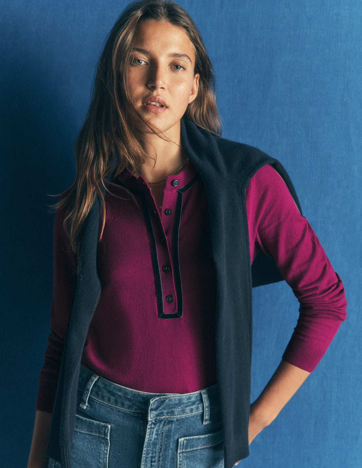 Violet Velvet Trim Henley-Purple - Image 1