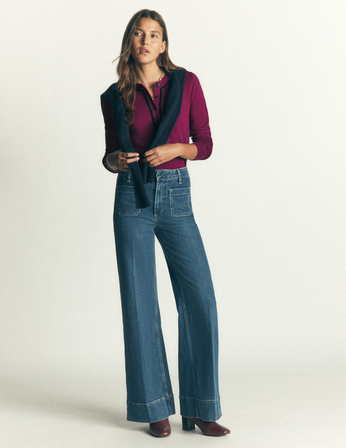 Violet Velvet Trim Henley-Purple - Image 4