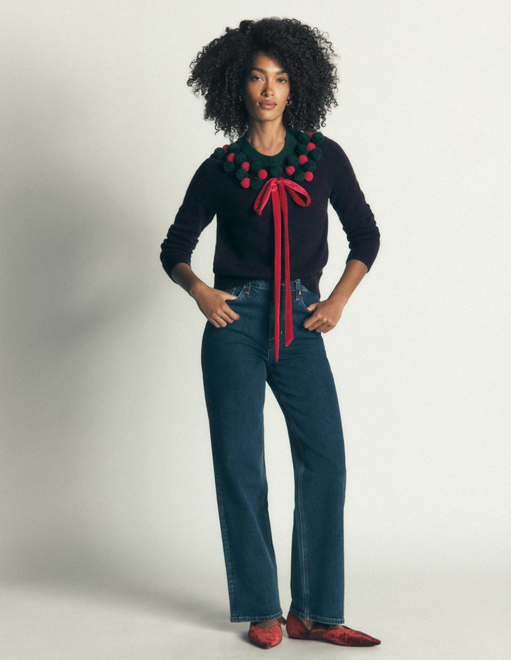 Mae Novelty Sweater-Navy Wreath