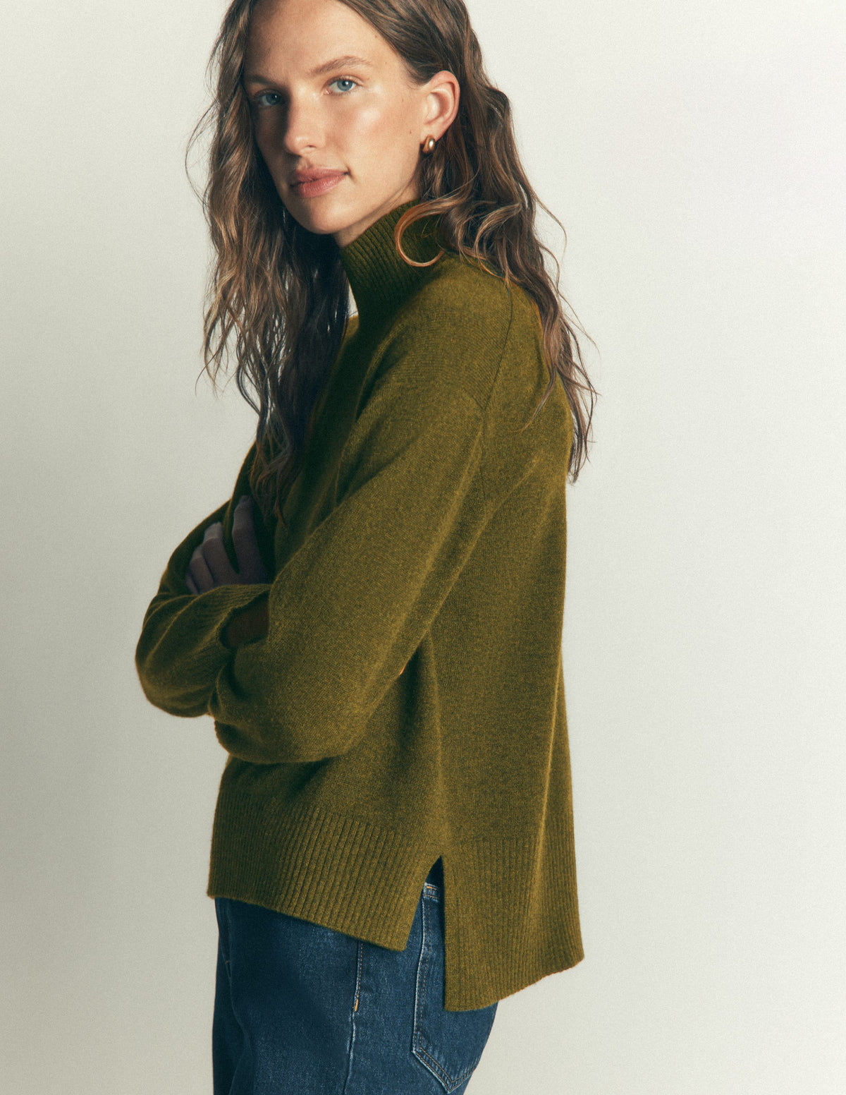 Marta Longline Merino Jumper-Ochre Green - Image 5
