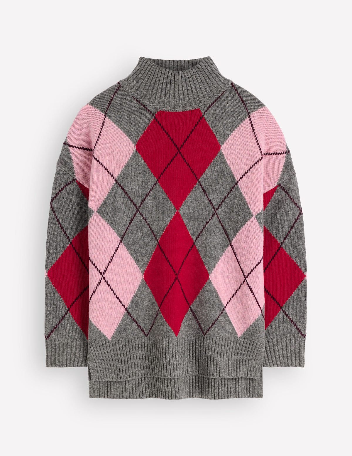 Marta Longline Merino Jumper-Grey, Red, Pink Argyle-6