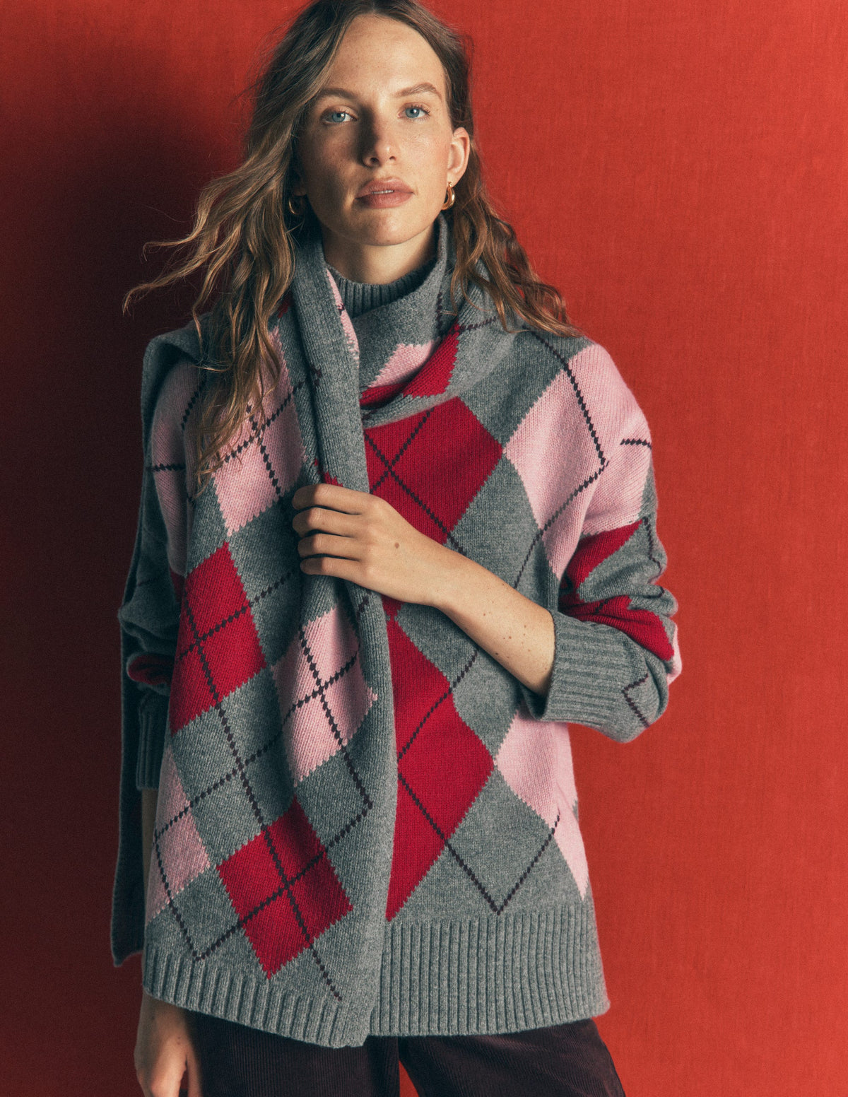 Marta Longline Merino Jumper-Grey, Red, Pink Argyle - Image 1