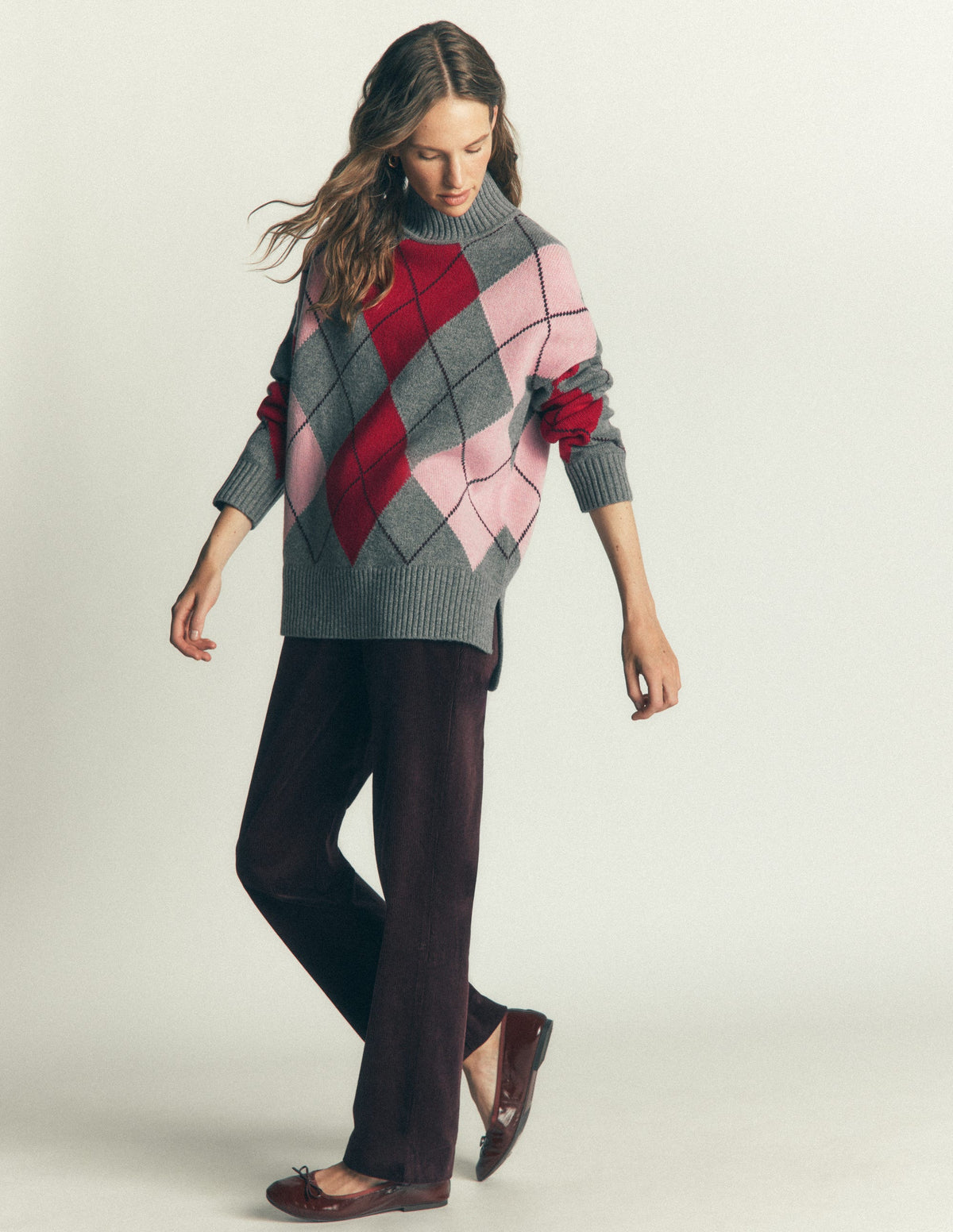 Marta Longline Merino Jumper-Grey, Red, Pink Argyle - Image 4