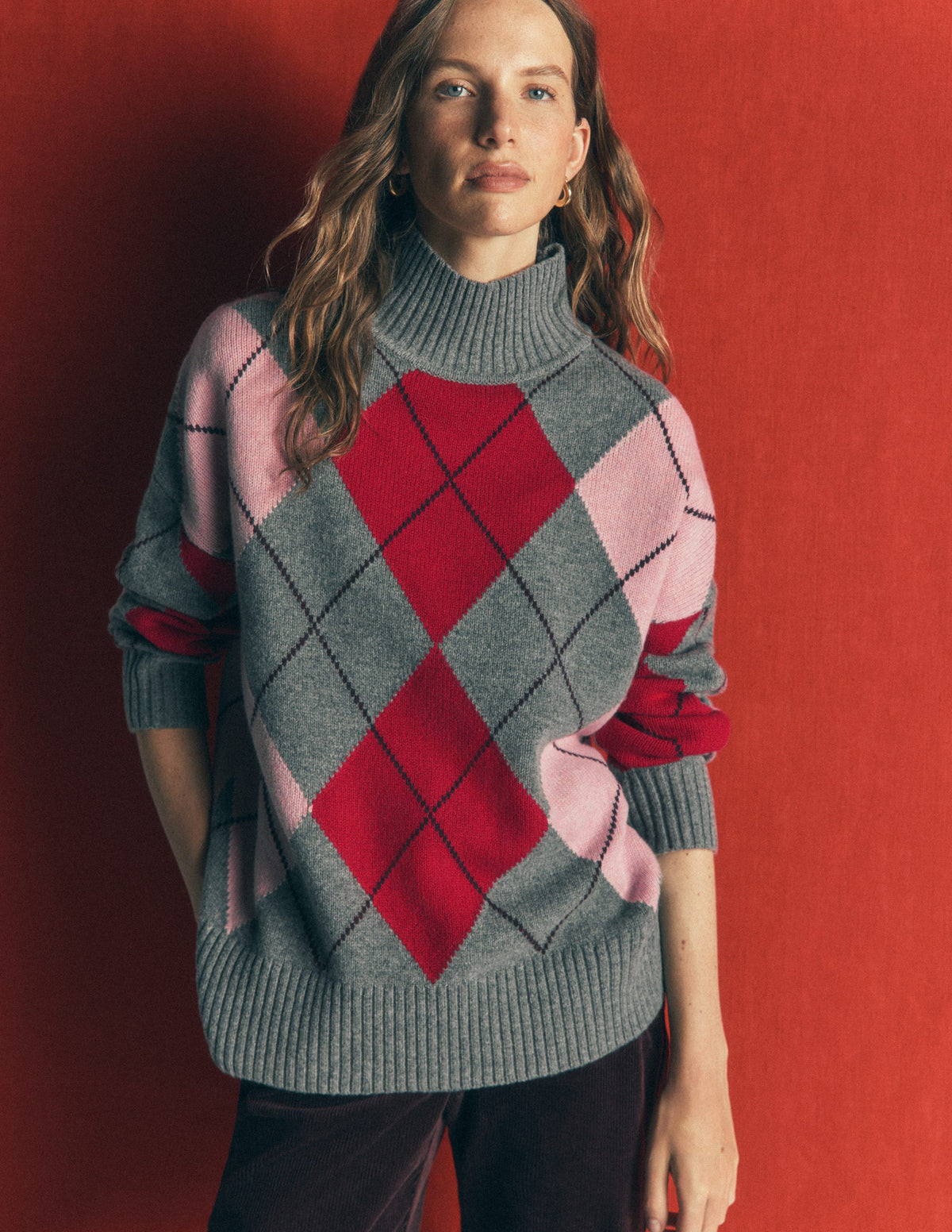 Marta Longline Merino Jumper-Grey, Red, Pink Argyle-5