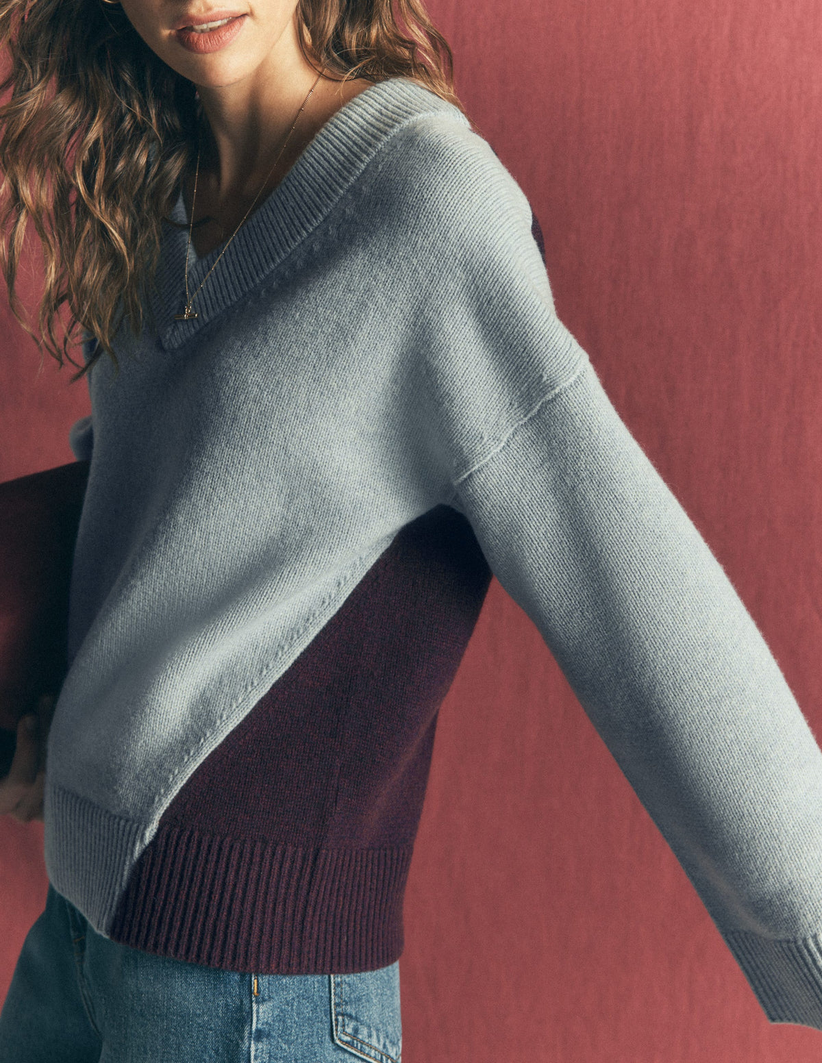 Marta Merino V Neck Jumper-Seamist Blue Colour Block - Image 2