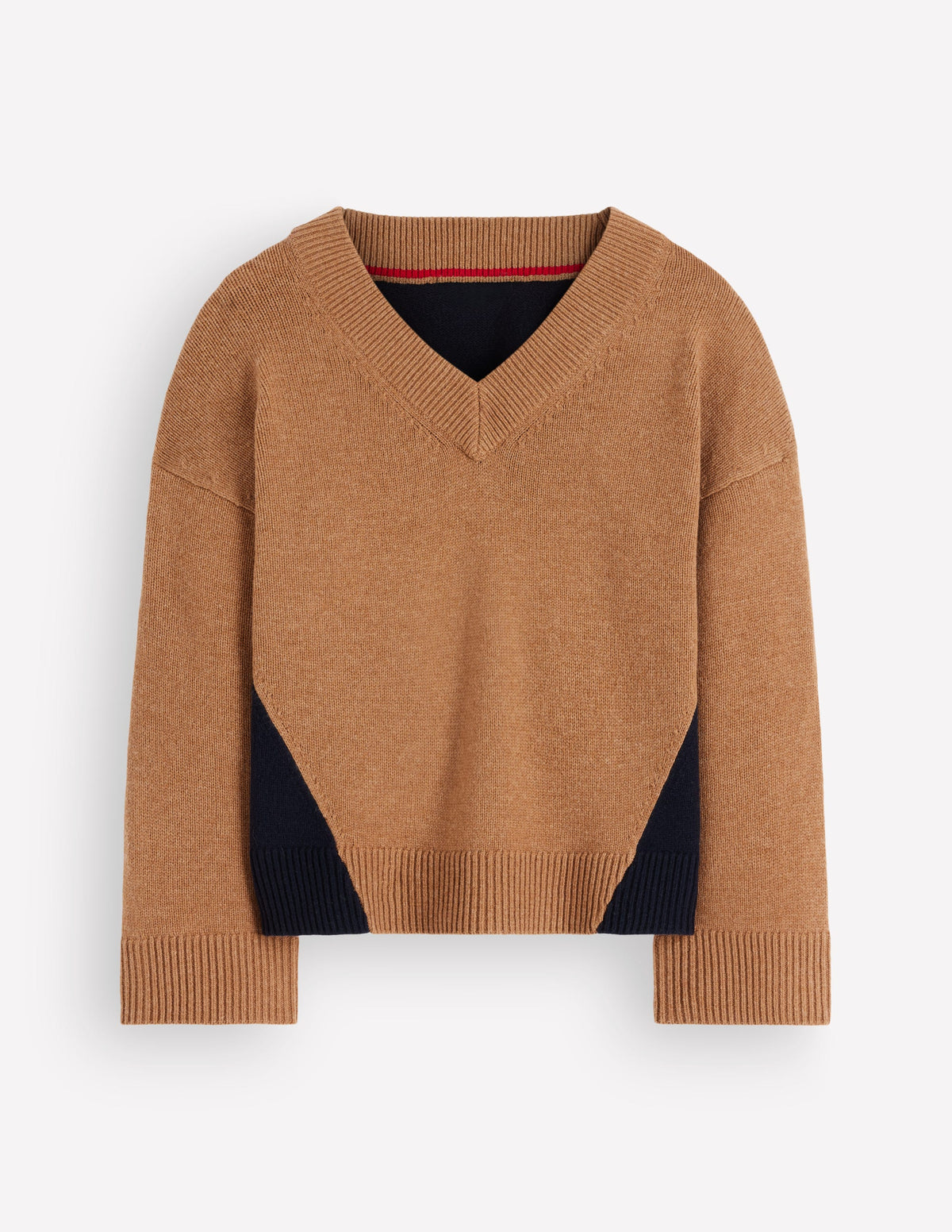 Marta Merino V Neck Jumper-Camel, Navy Colour Block-5
