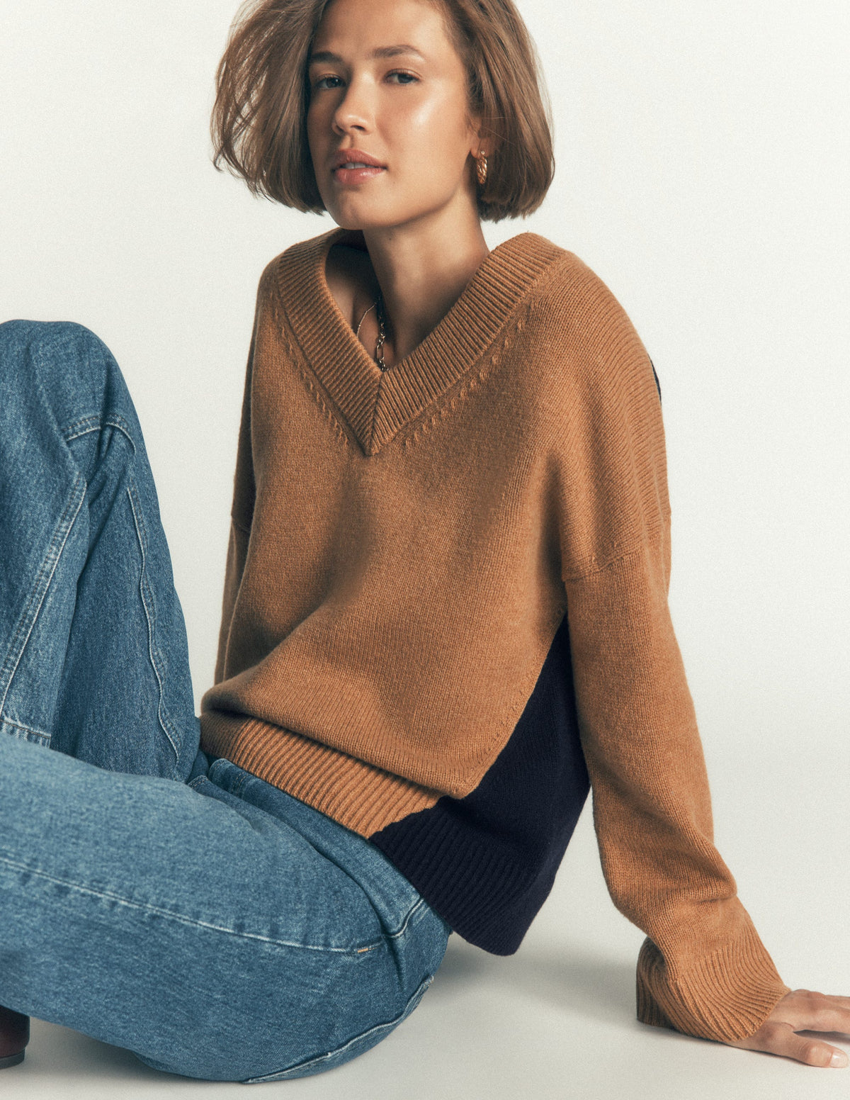Marta Merino V Neck Jumper-Camel, Navy Colour Block - Image 1