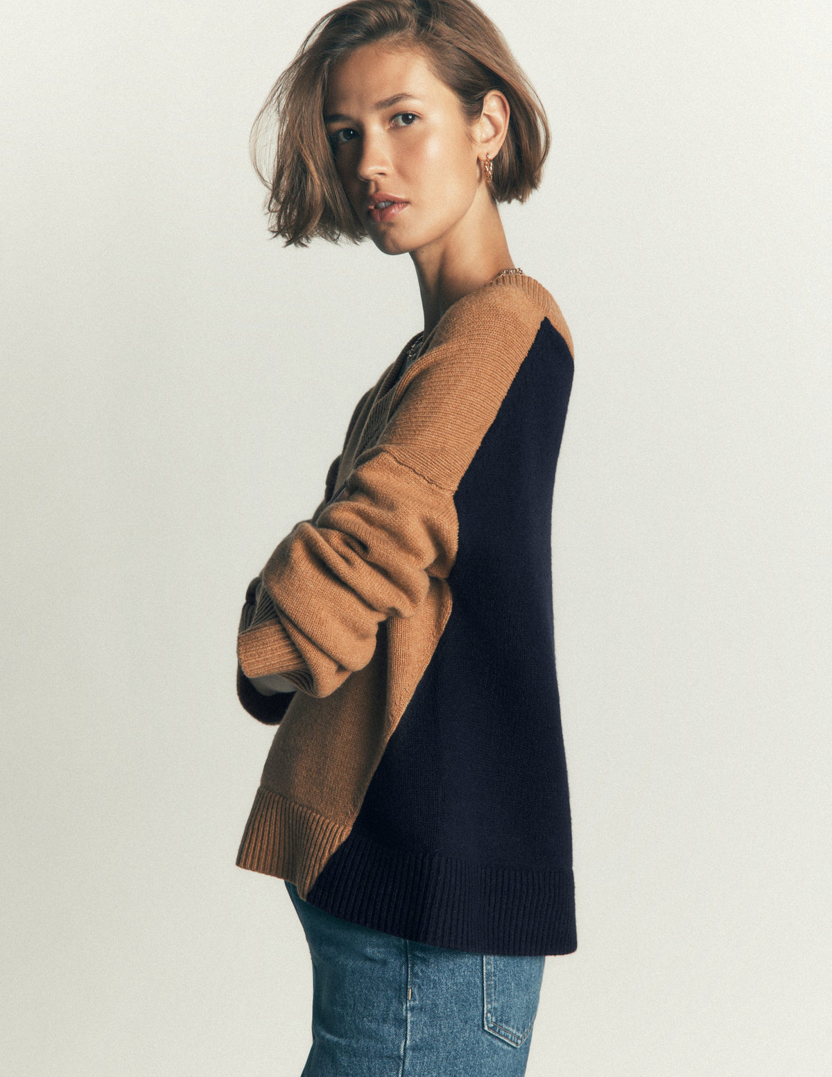 Marta Merino V Neck Jumper-Camel, Navy Colour Block-2