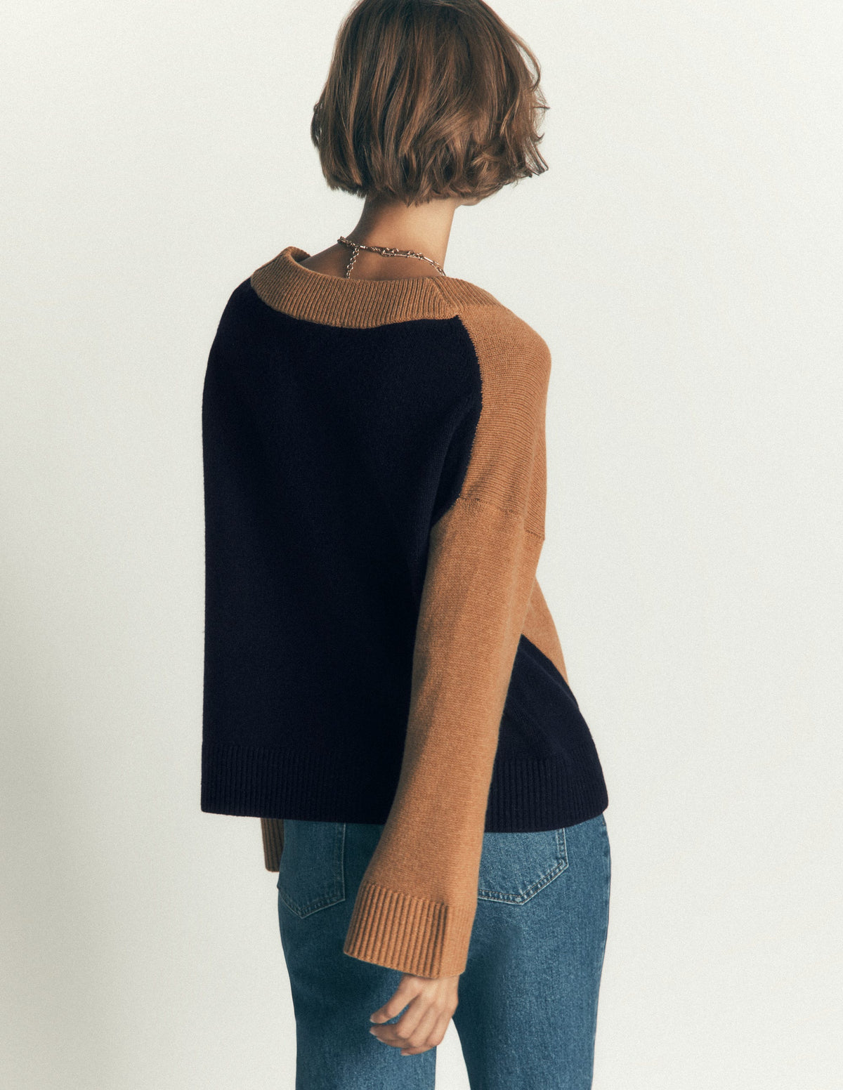 Marta Merino V Neck Jumper-Camel, Navy Colour Block - Image 3