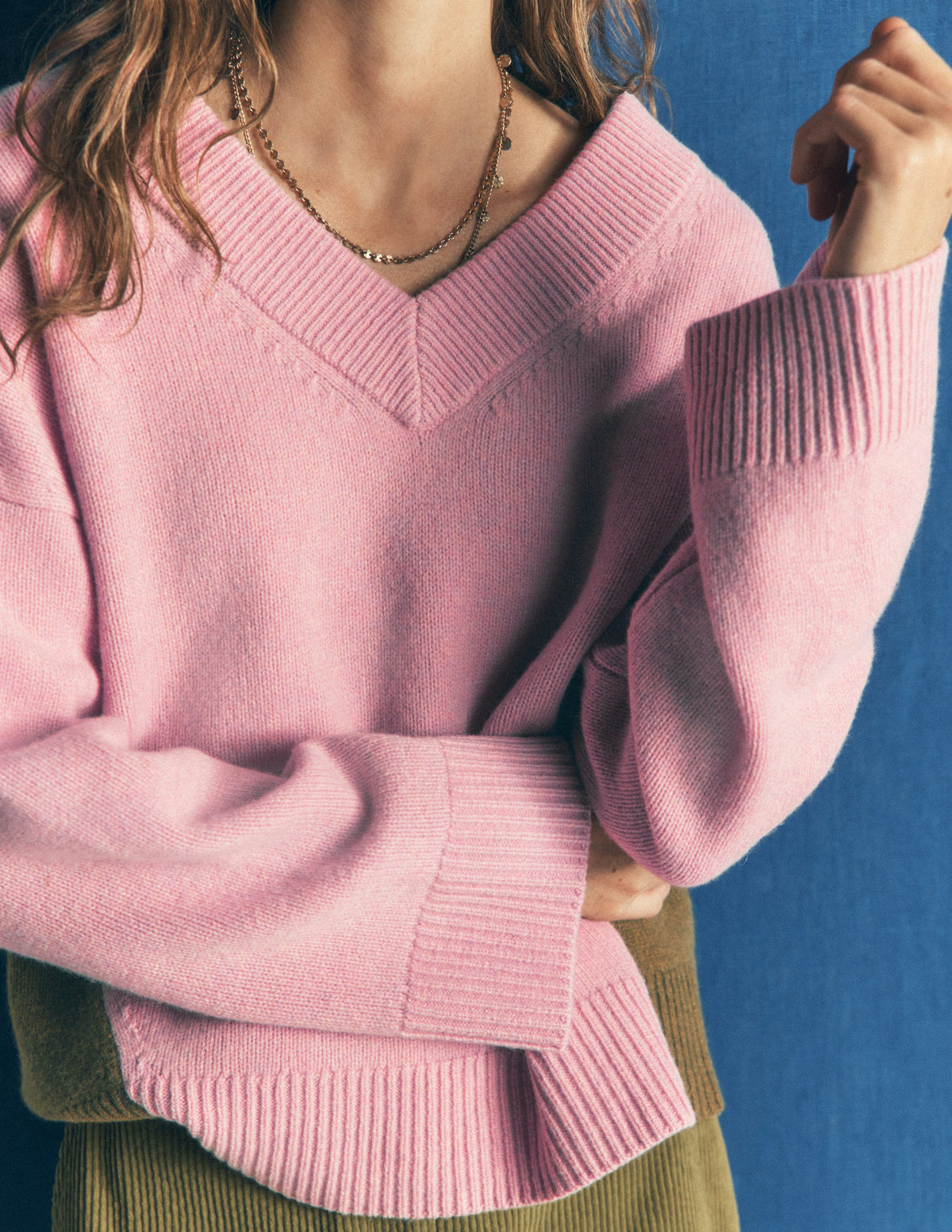 Marta Merino V Neck Jumper-Blush, Green Colour Block-3
