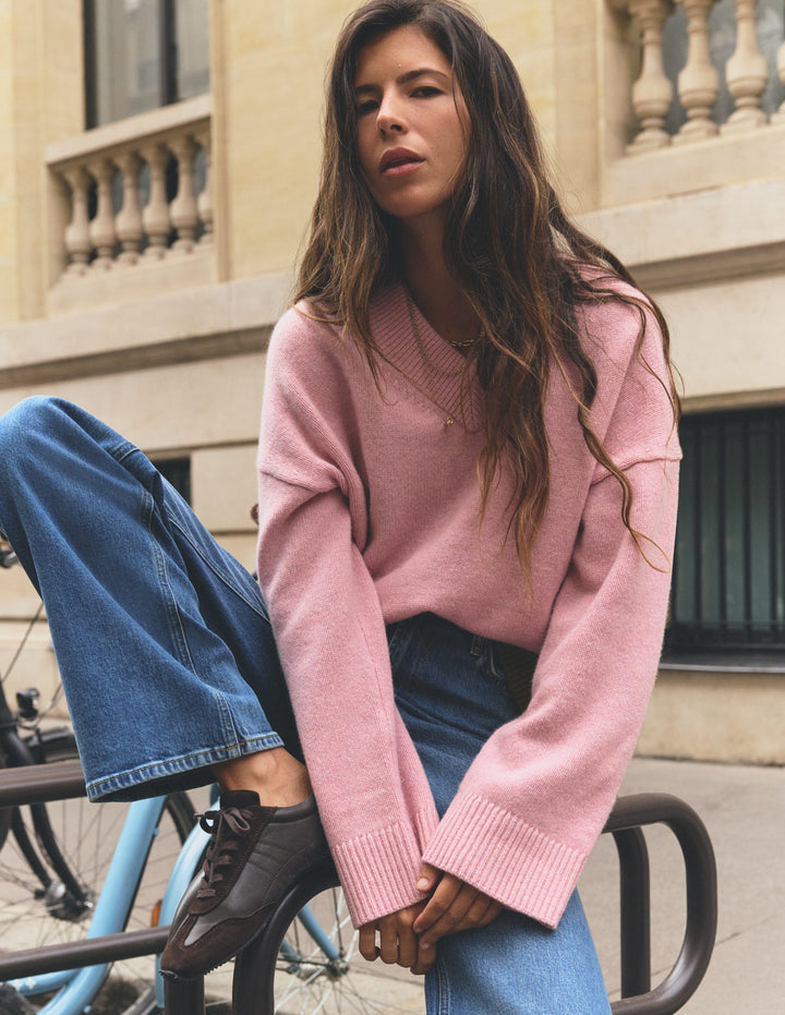 Marta Merino V Neck Jumper-Blush, Green Colour Block