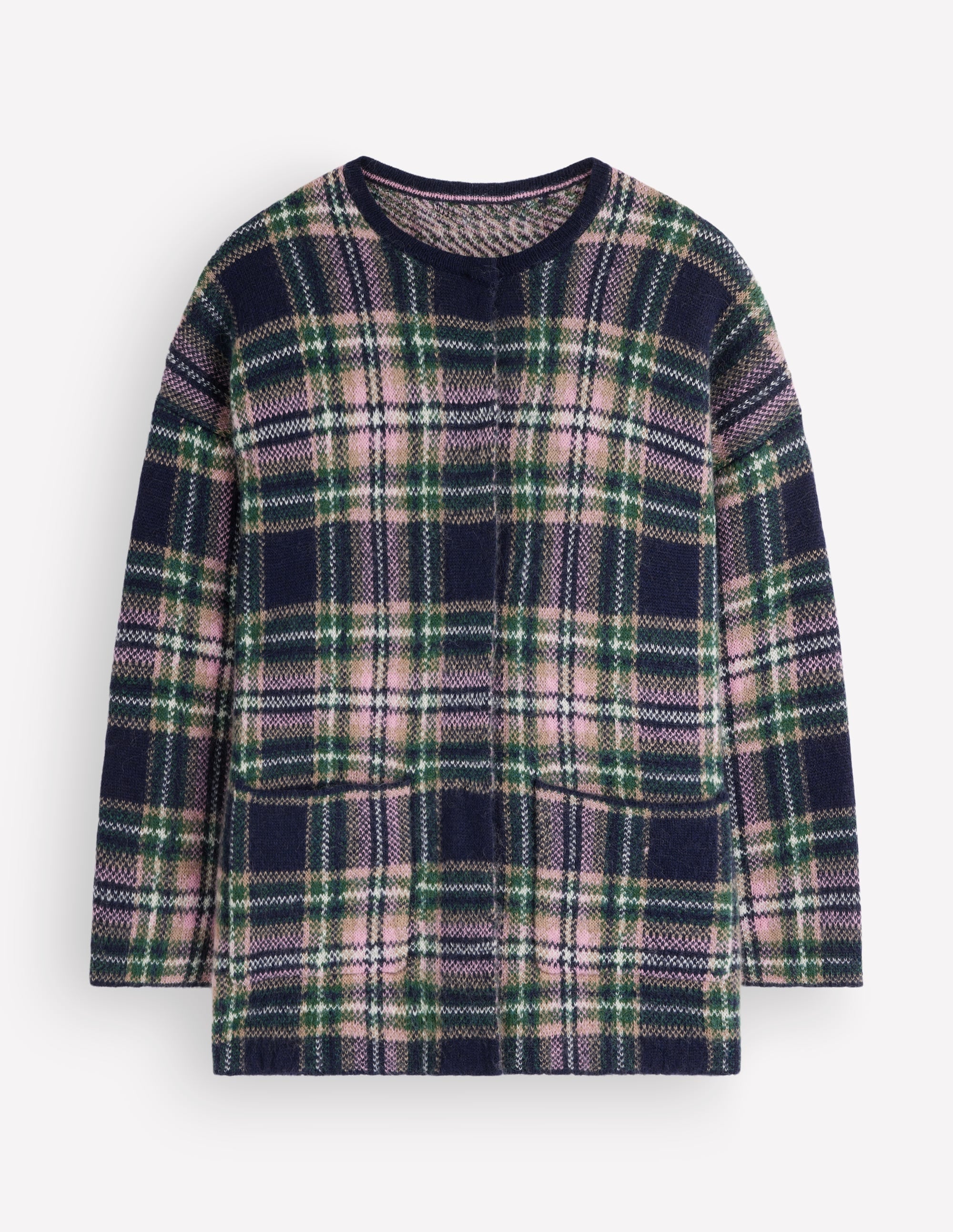 Fluffy Jacquard Cardigan - Navy, Green and Pink Check | Boden USA