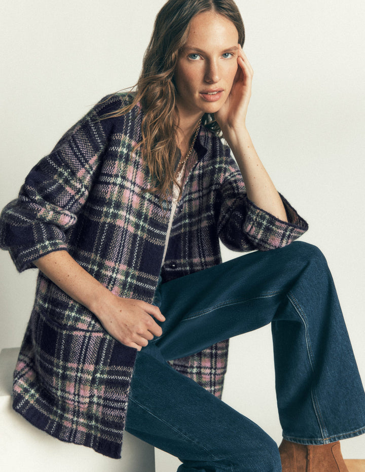 Fluffy Jacquard Cardigan-Navy, Green and Pink Check