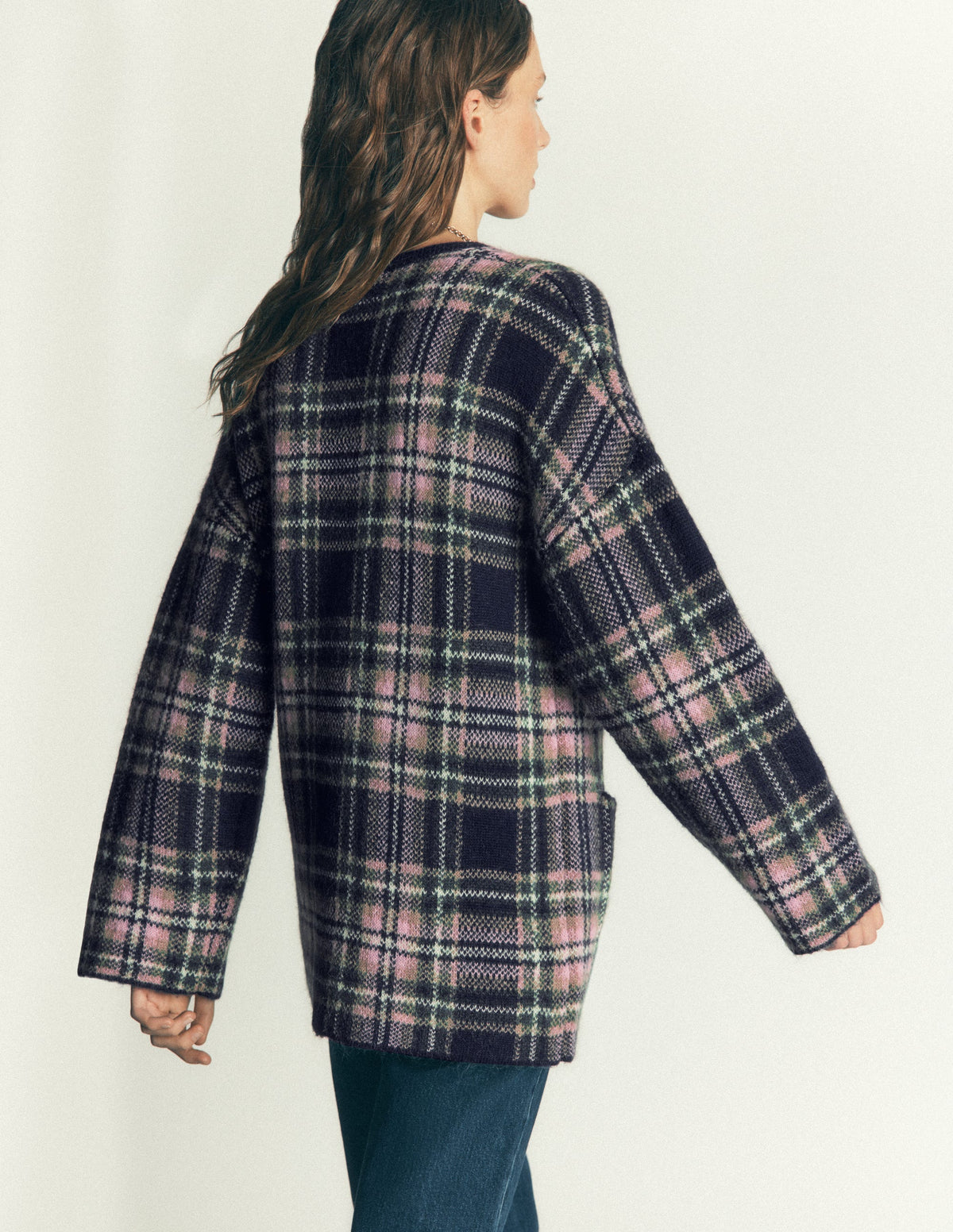 Fluffy Jacquard Cardigan-Navy, Green and Pink Check - Image 4