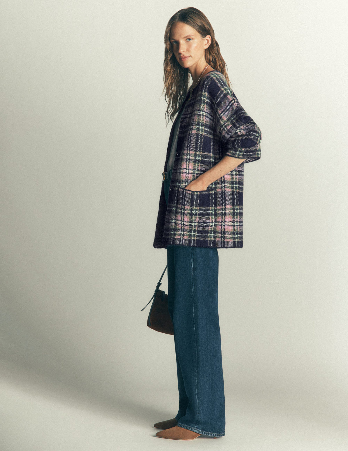 Fluffy Jacquard Cardigan-Navy, Green and Pink Check-5