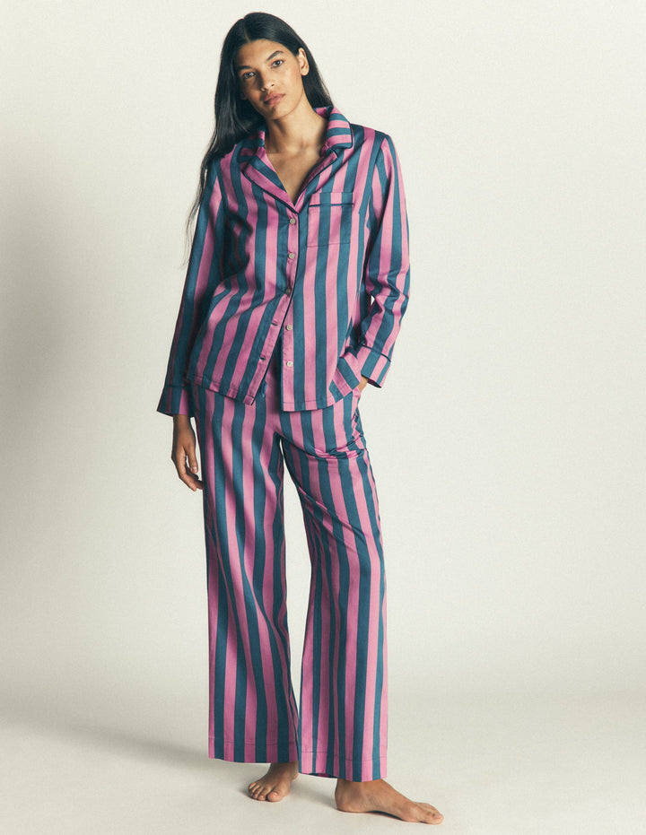 Cotton Pajama Pants-Pink And Blue Stripe