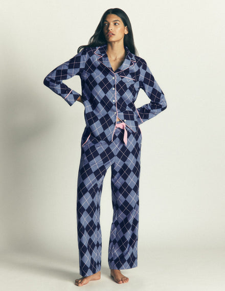 Brushed Cotton Pyjama Pants-Light Blue and Navy Argyle