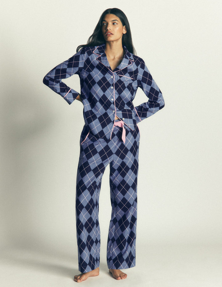 Brushed Cotton Pyjama Pants-Light Blue and Navy Argyle