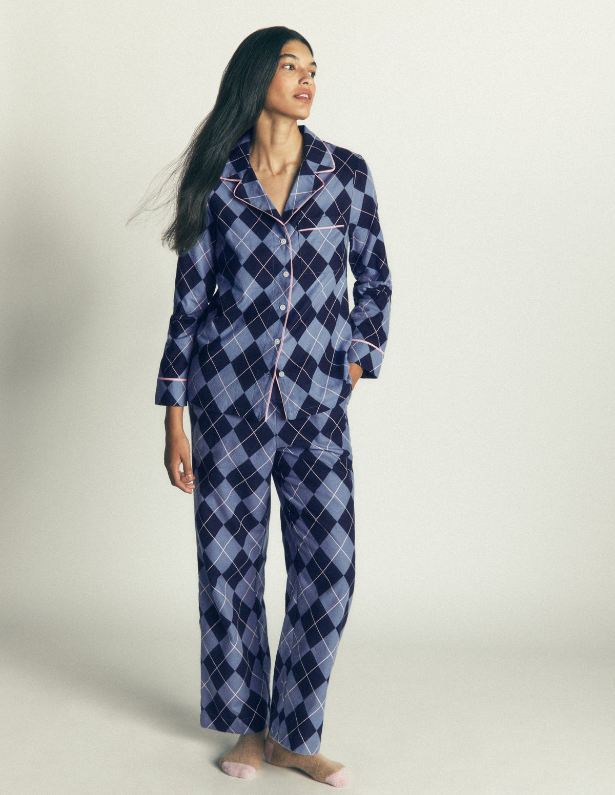 Brushed Cotton Pyjama Pants-Light Blue and Navy Argyle-4