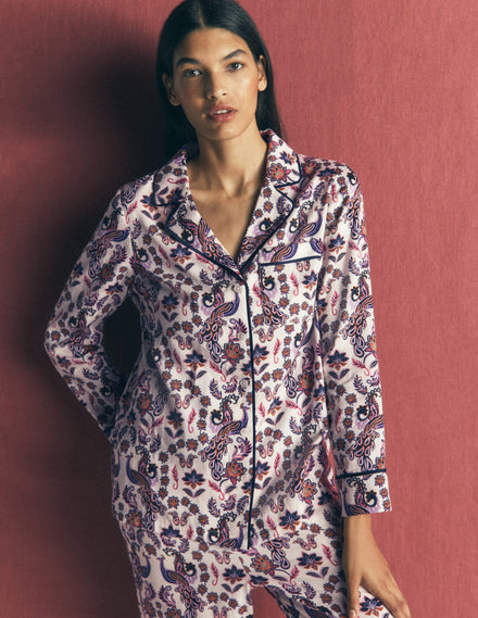 Cotton Pajama Shirt-White Peacock