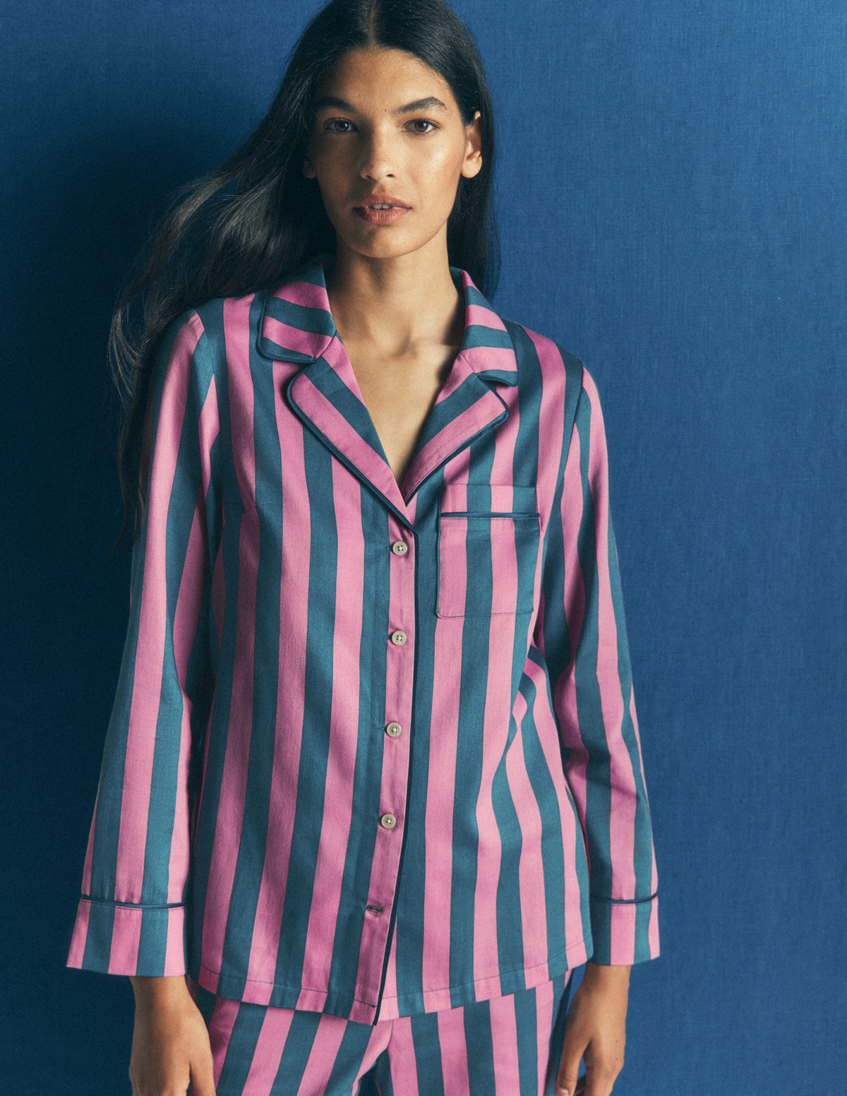 Cotton Pajama Shirt-Pink And Blue Stripe-1