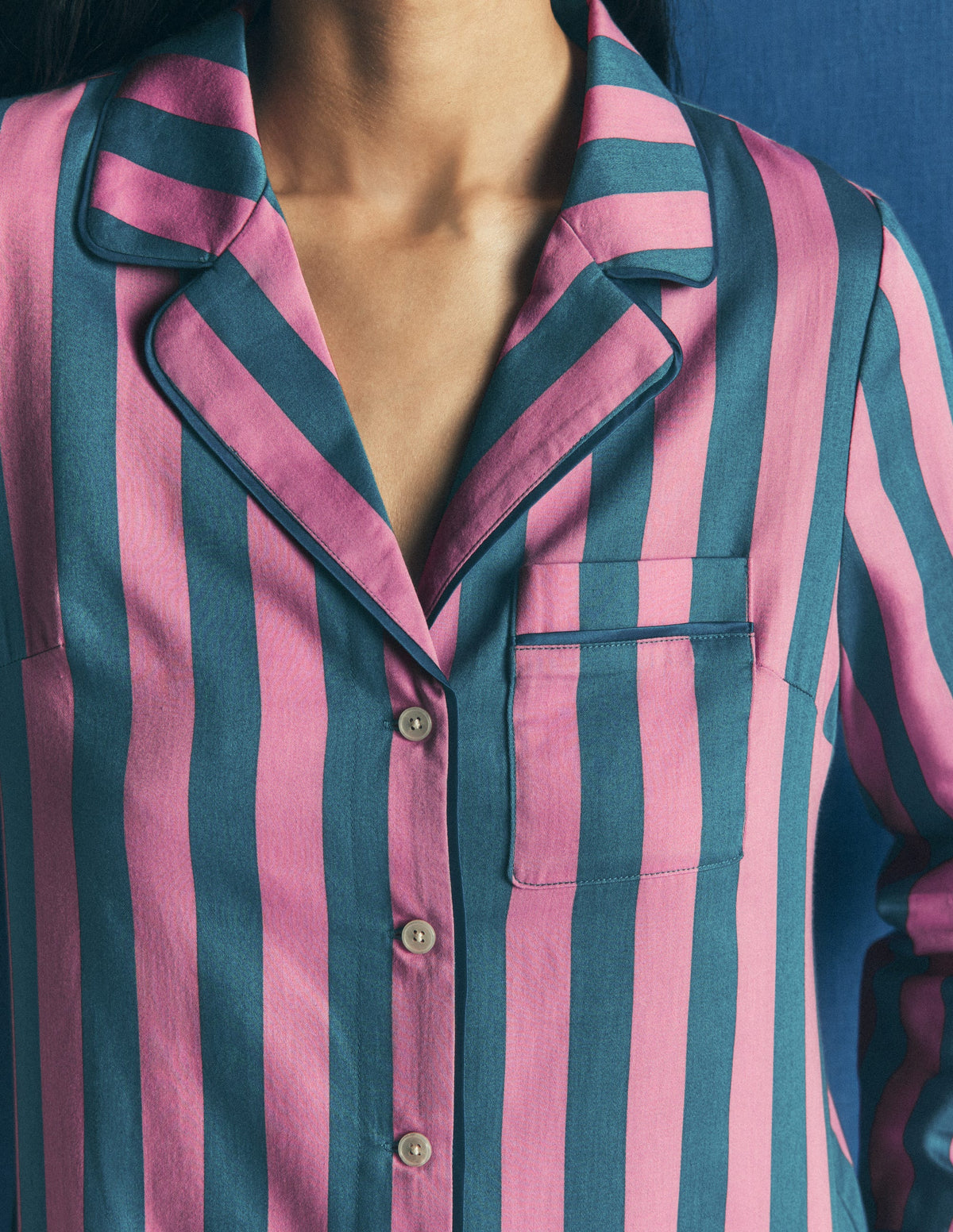 Cotton Pajama Shirt-Pink And Blue Stripe - Image 2