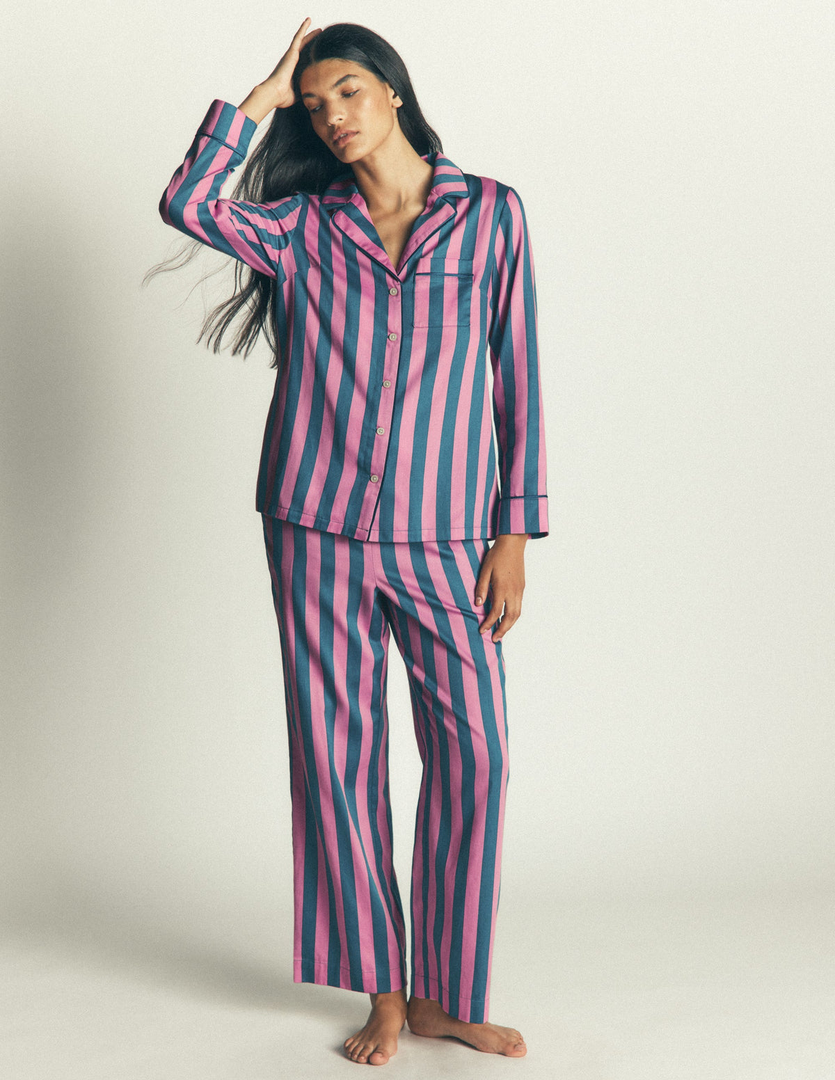 Cotton Pajama Shirt-Pink And Blue Stripe - Image 4