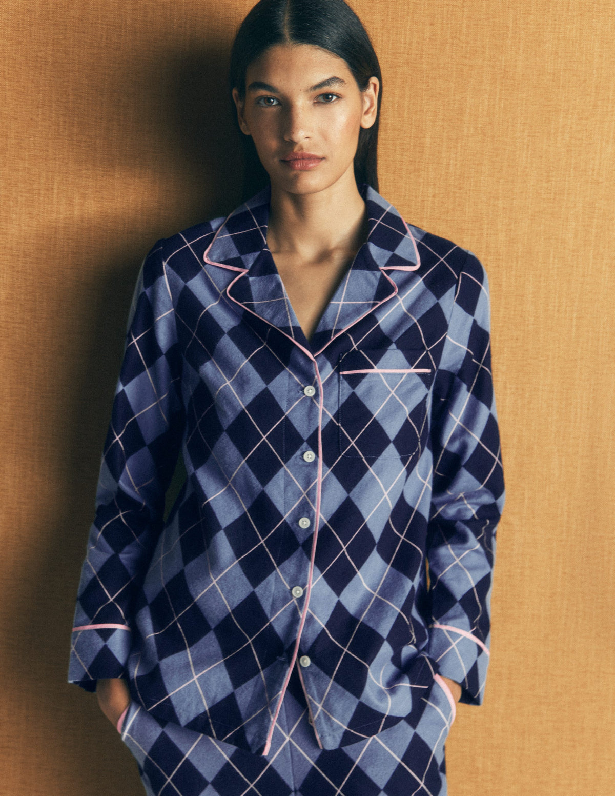 Brushed Cotton Pyjama Shirt-Blue Argyle - Image 1
