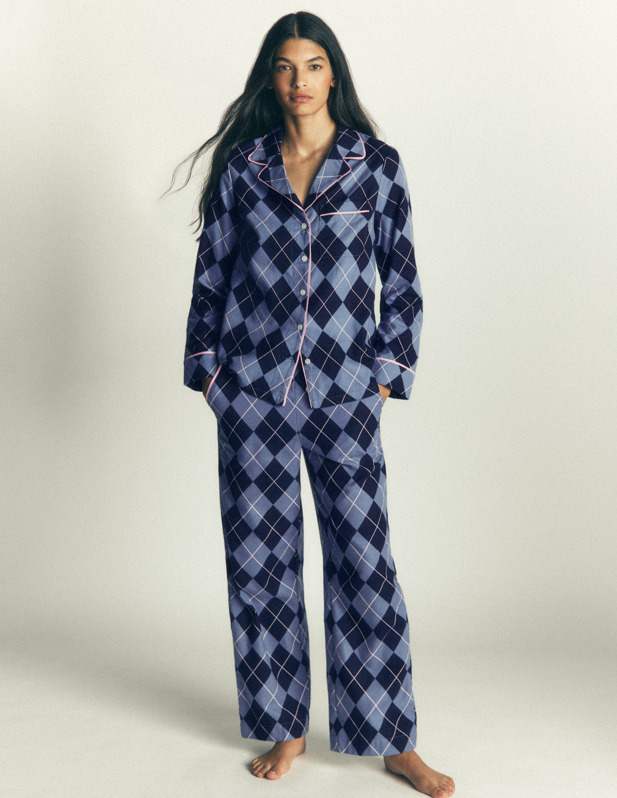 Brushed Cotton Pyjama Shirt-Blue Argyle-4