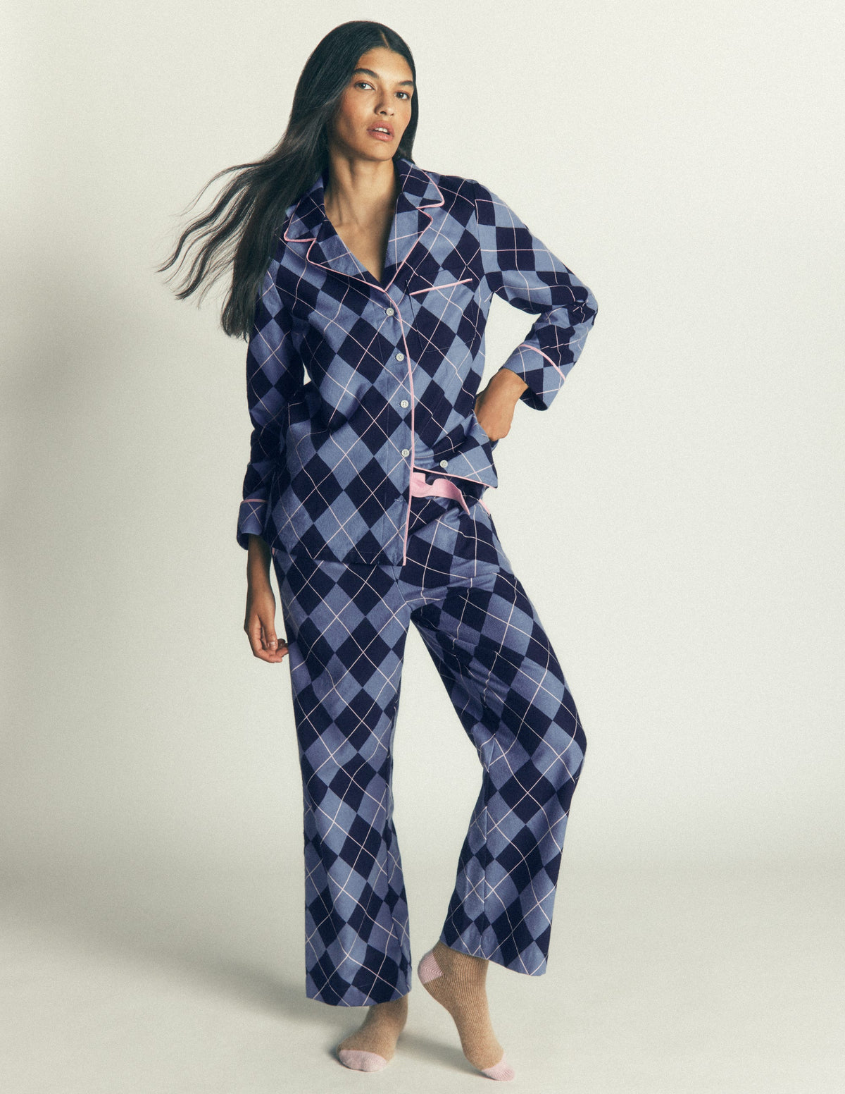 Brushed Cotton Pyjama Shirt-Blue Argyle-5