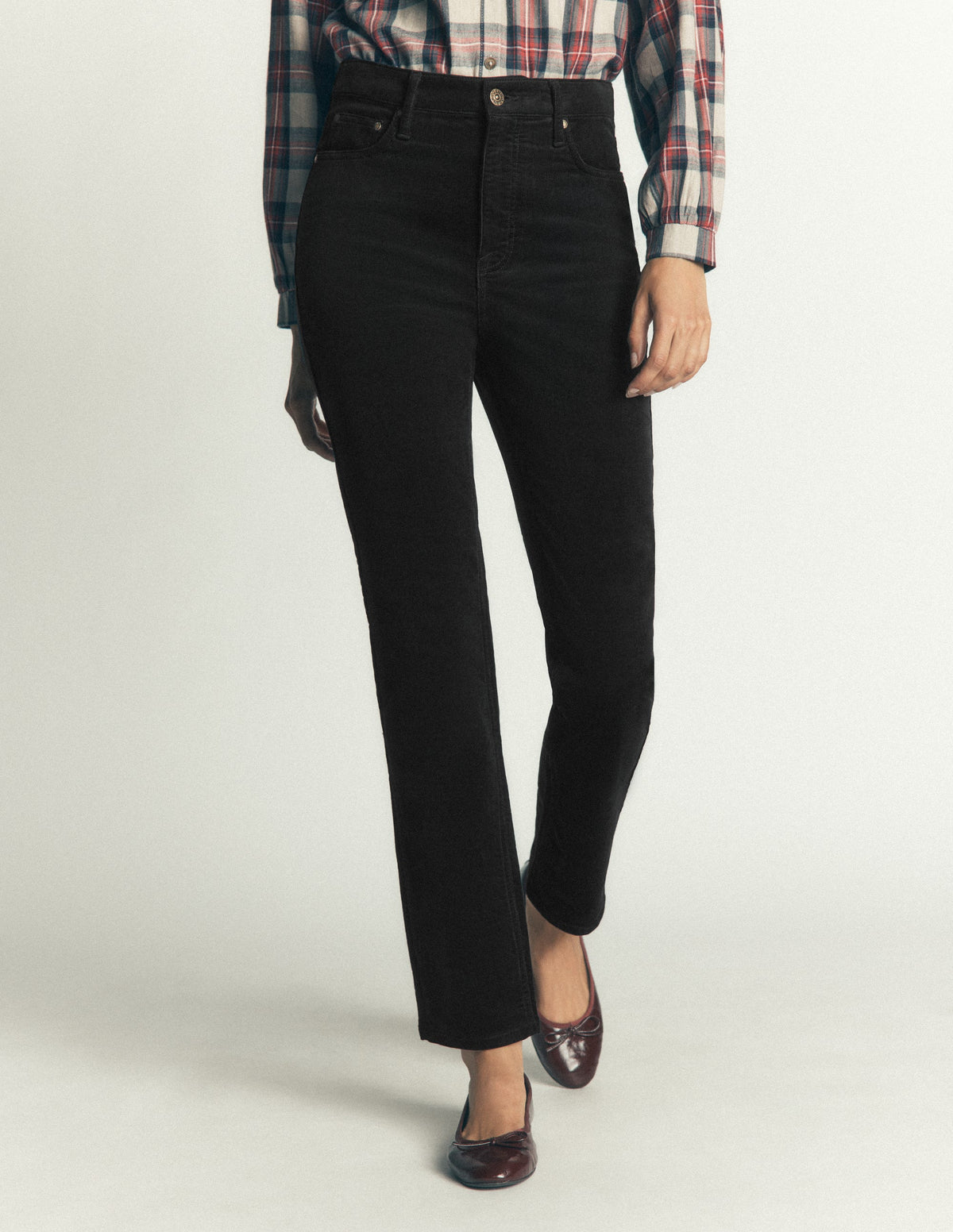 High Rise Cord Slim Jeans-Black-4